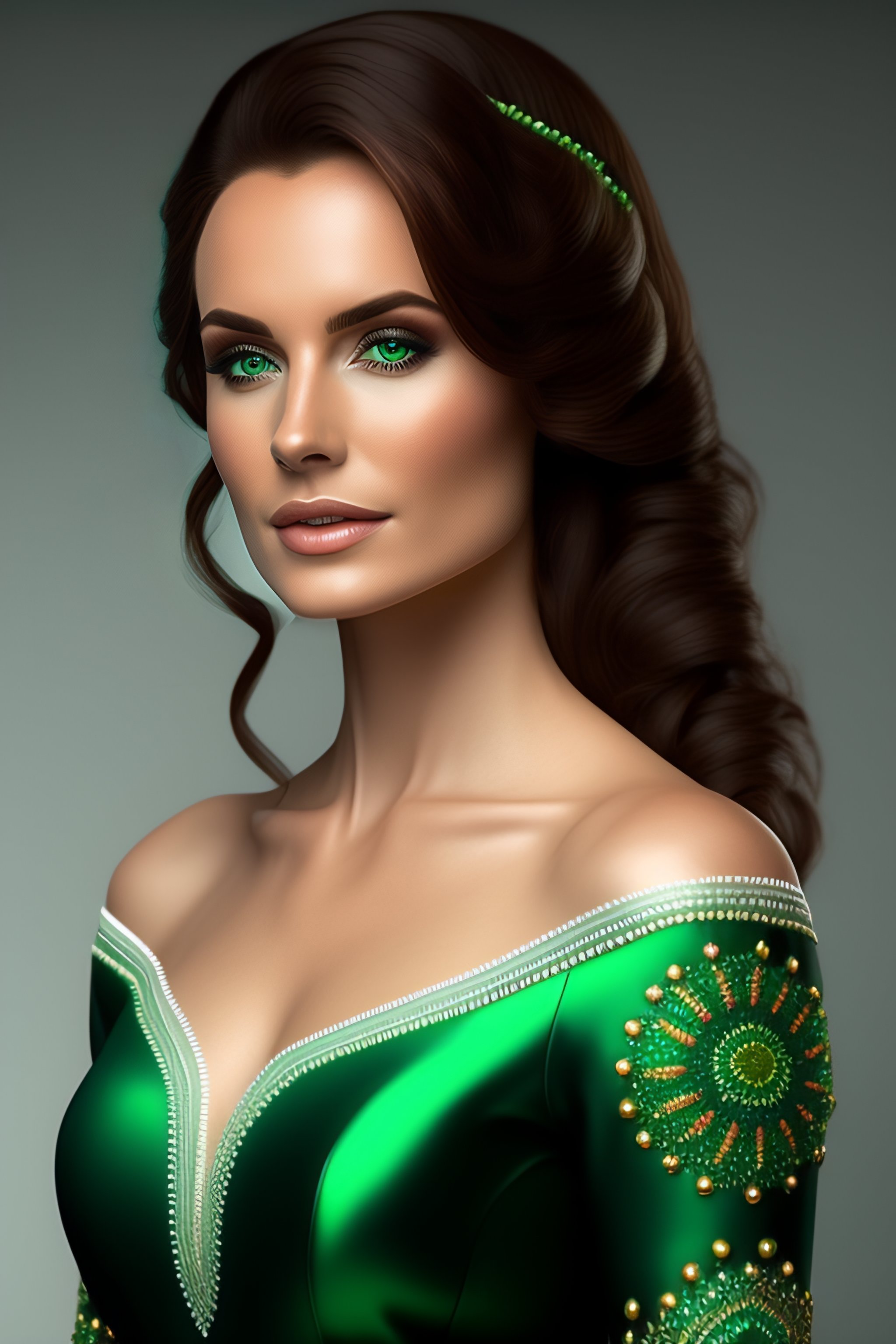 Lexica 8k hyperrealistic Irish barmaid in a beautiful green dress, beaded embroidered white