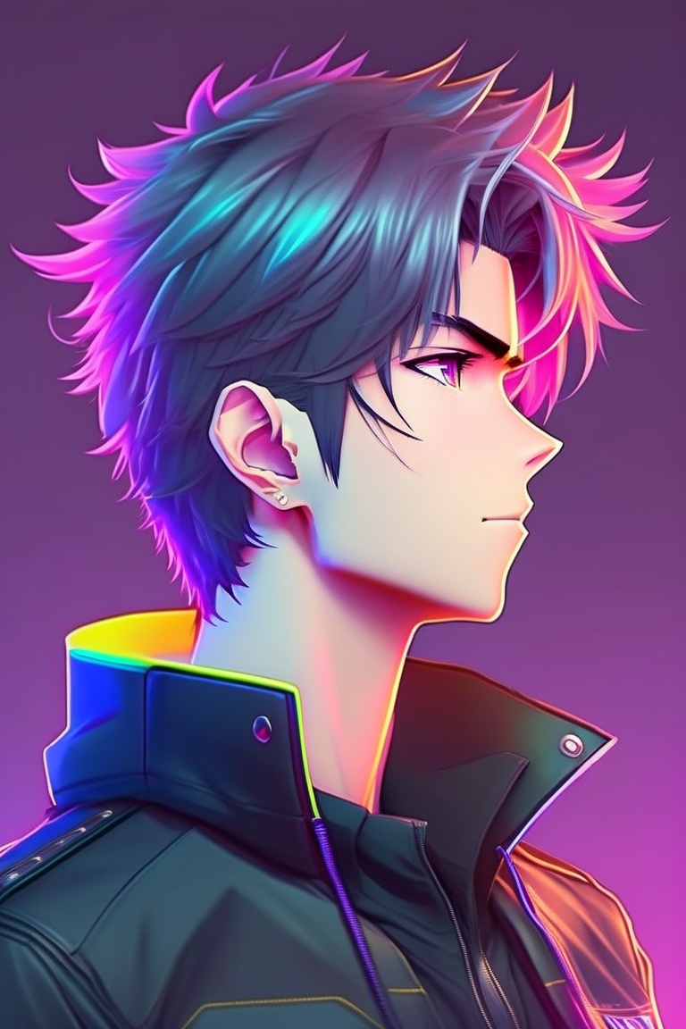 Lexica - Anime boy profile picture neon, looking straight