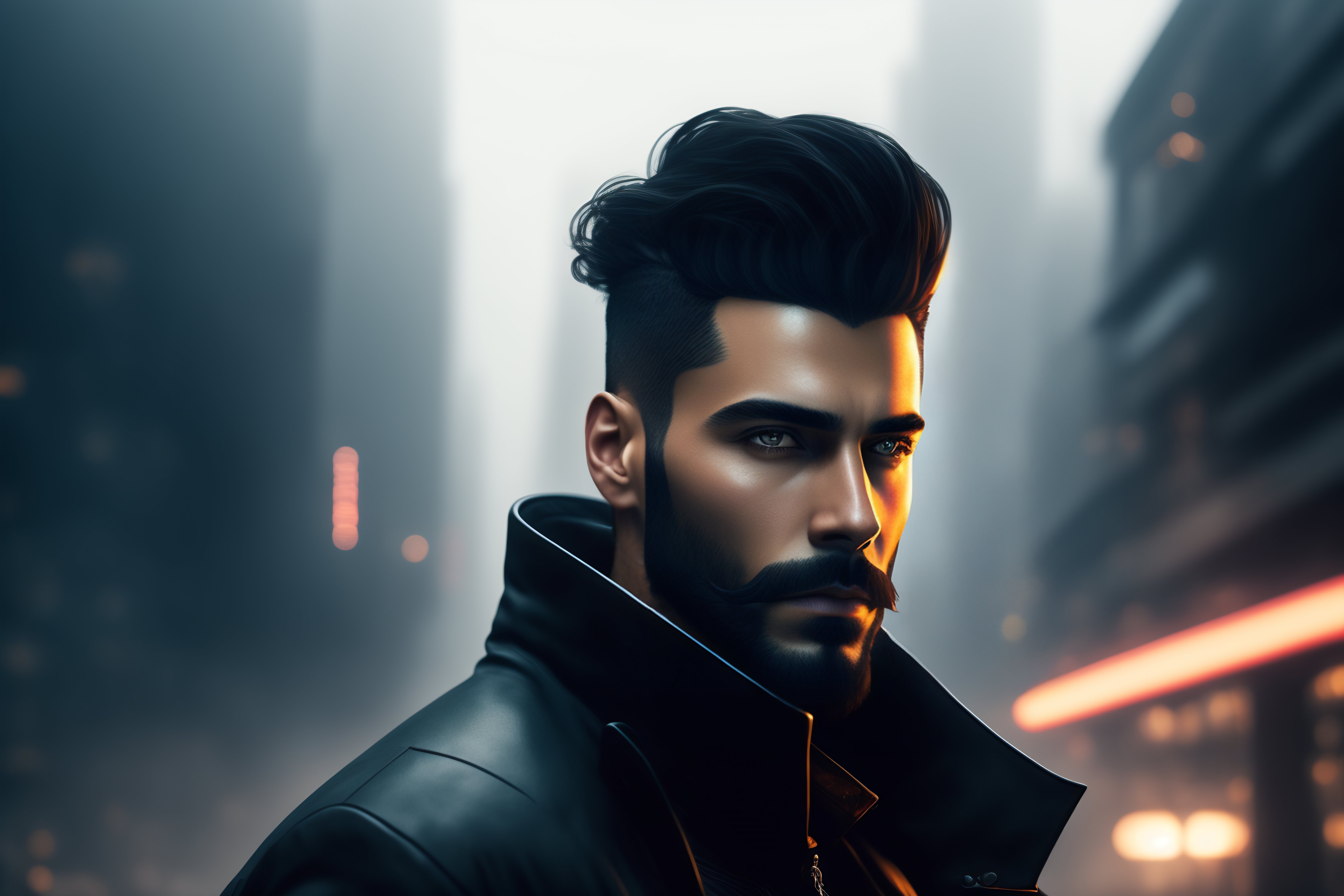 Lexica - Realistic handsome dark haired man with short beard, cyber ...