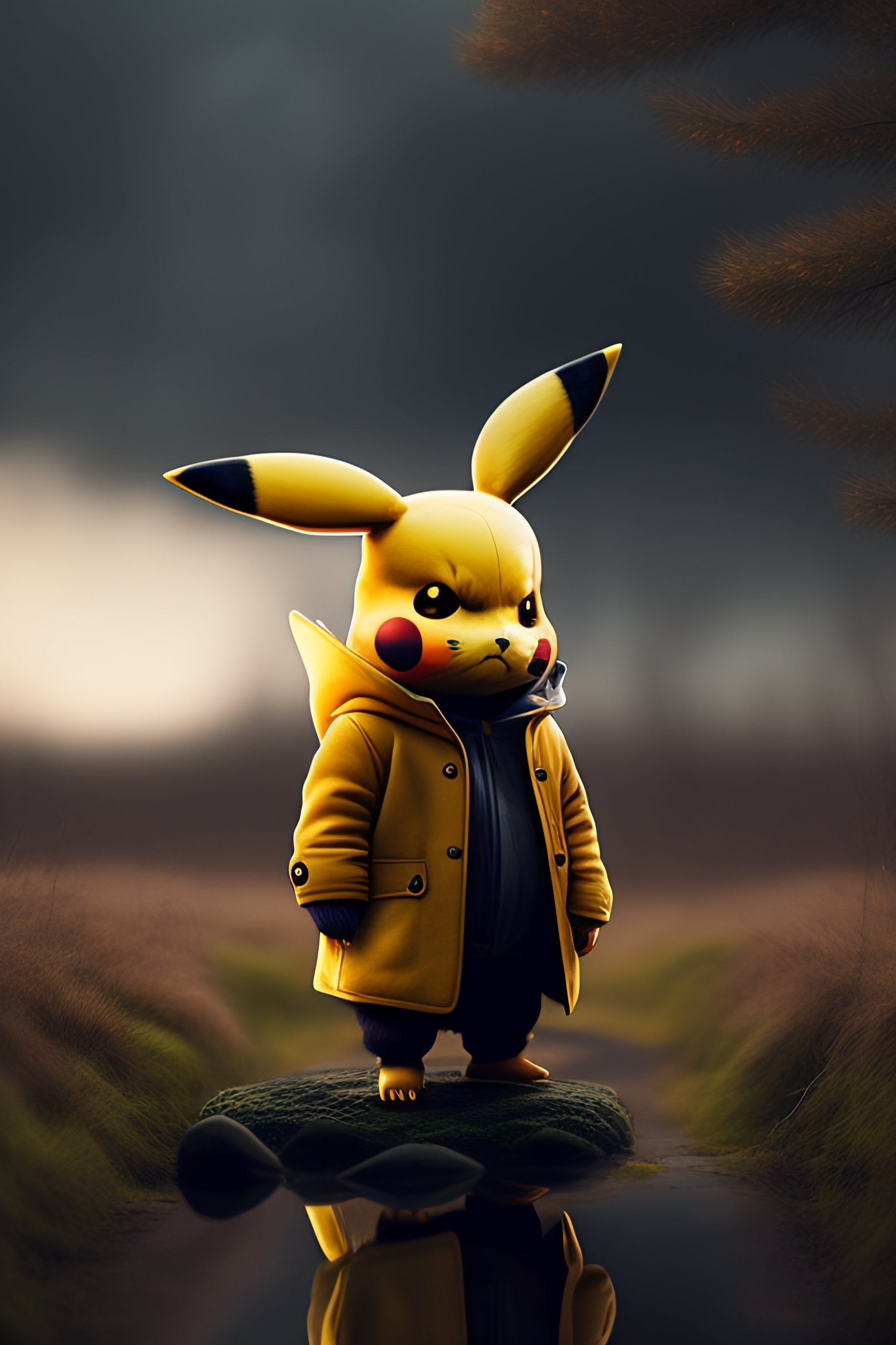 Lexica - A creepy pikachu with a coat