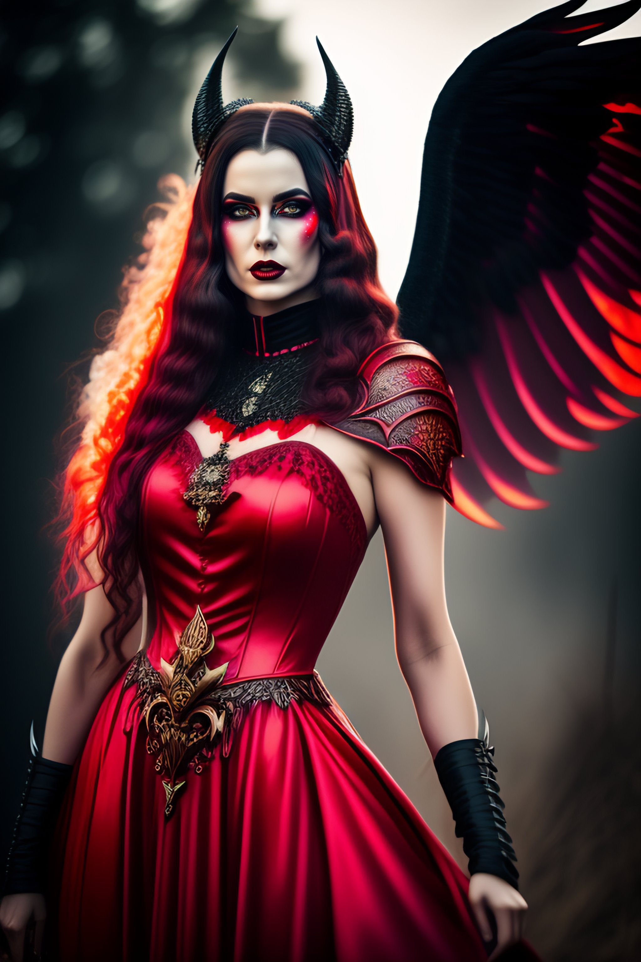 Lexica - Black Metal Girl, devil Makeup, realistic detailed, beautiful  gorgeous, red art nouveau dress, proportional body, Nikon 70-200mm f2.8G,  fir...