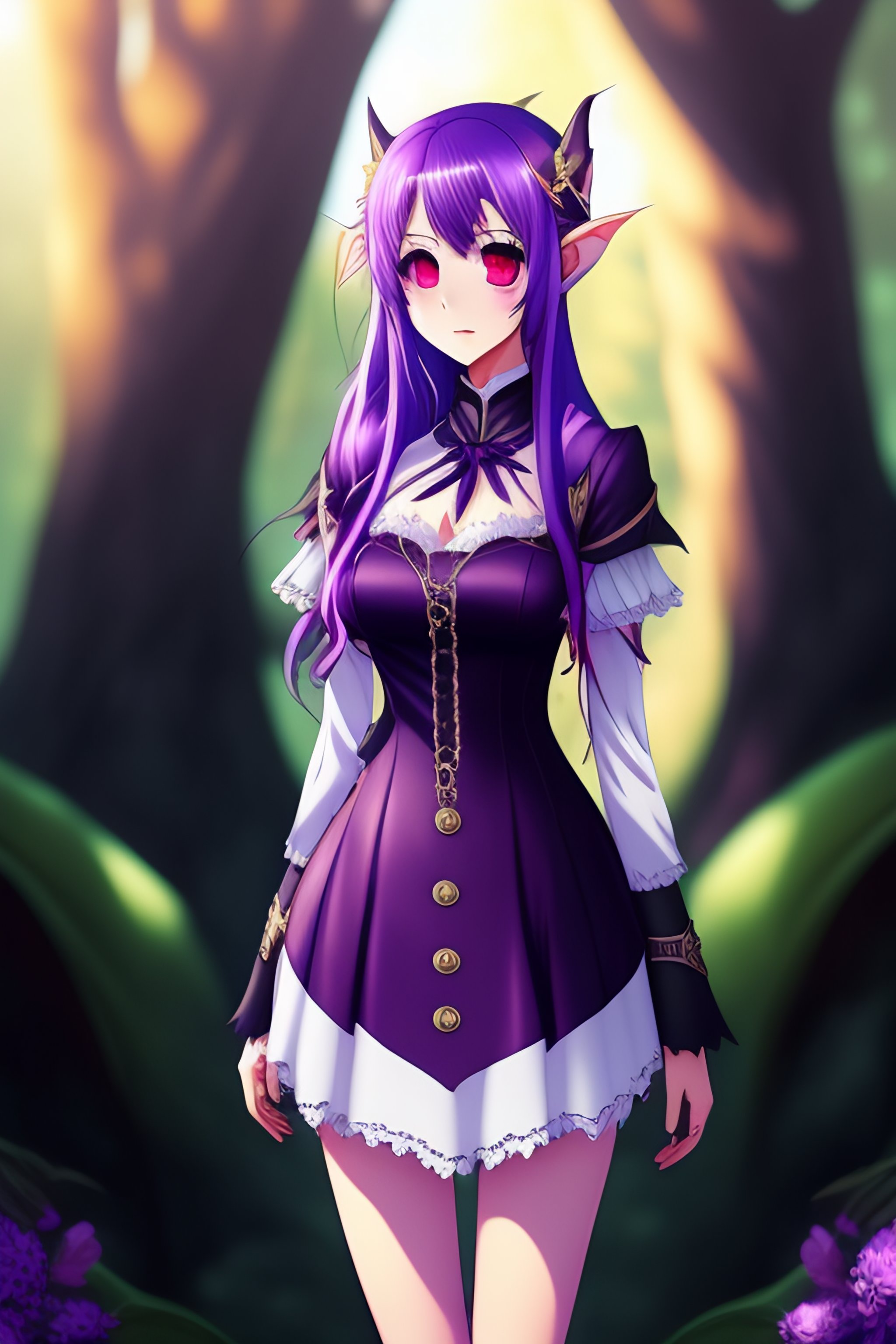 Lexica - Full body, 20-year-old girl anime forest elf, purple hair, black  dress