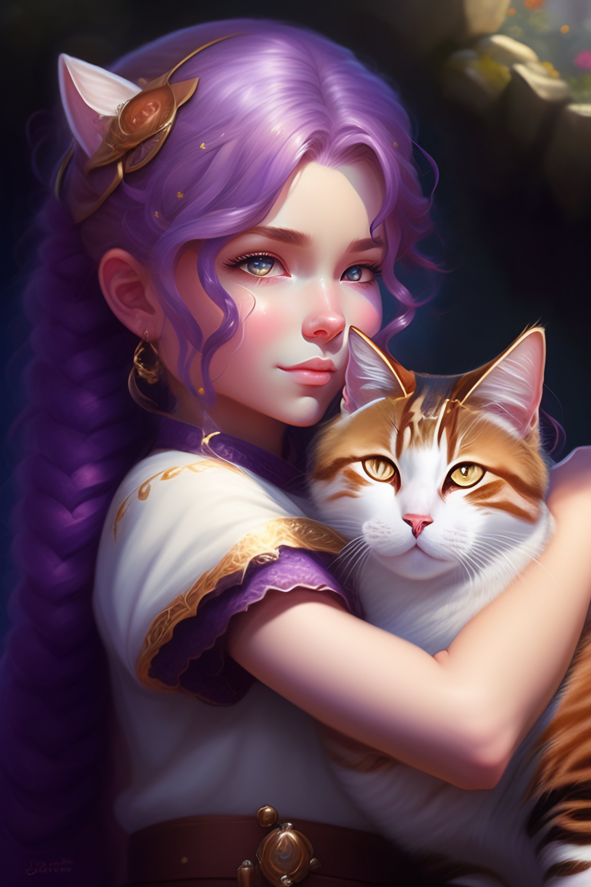 Lexica - A detailed portrait of a cute calm purple hair girl hugging a ...