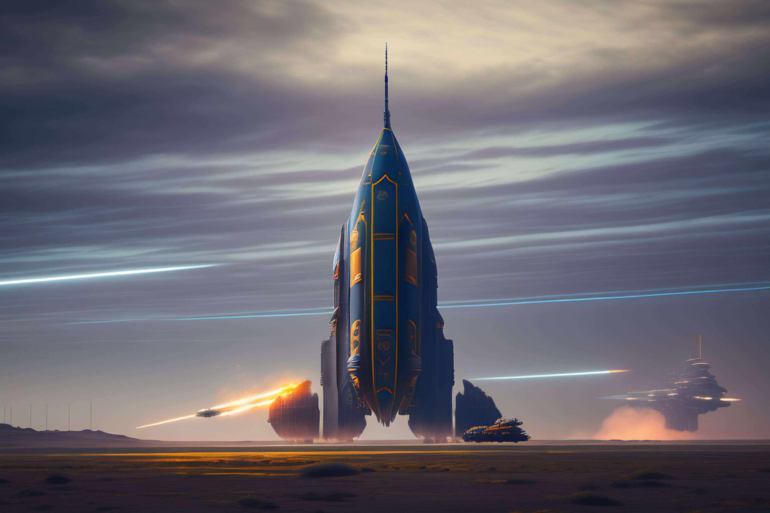 Lexica - Giant scifi space rocket, fired from launch platform, exhaust ...