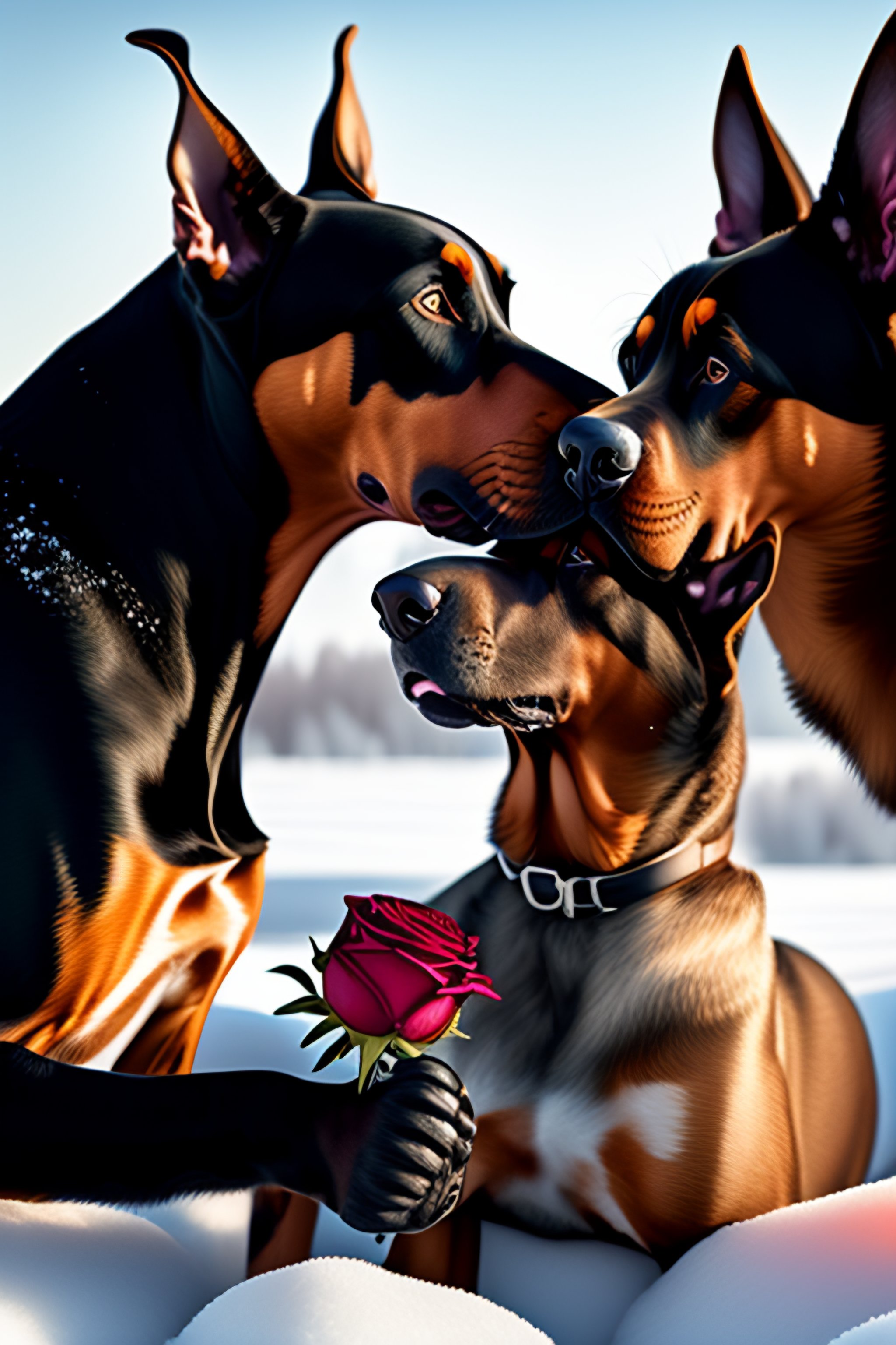 Lexica - Doberman kissing another doberman in the snow with frozen roses
