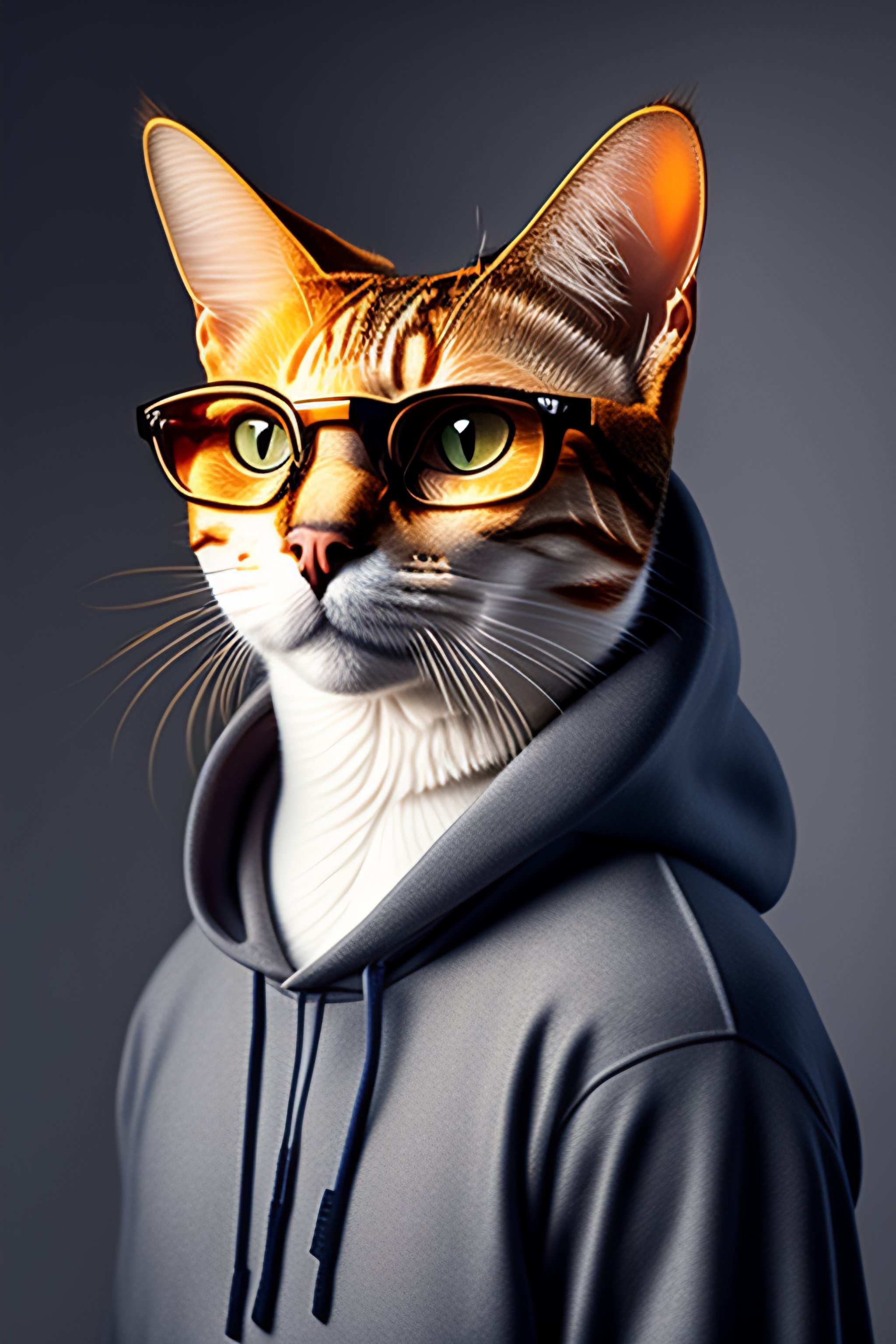 Lexica A cat wearing a grey hoodie, and pixelated glasses, orange