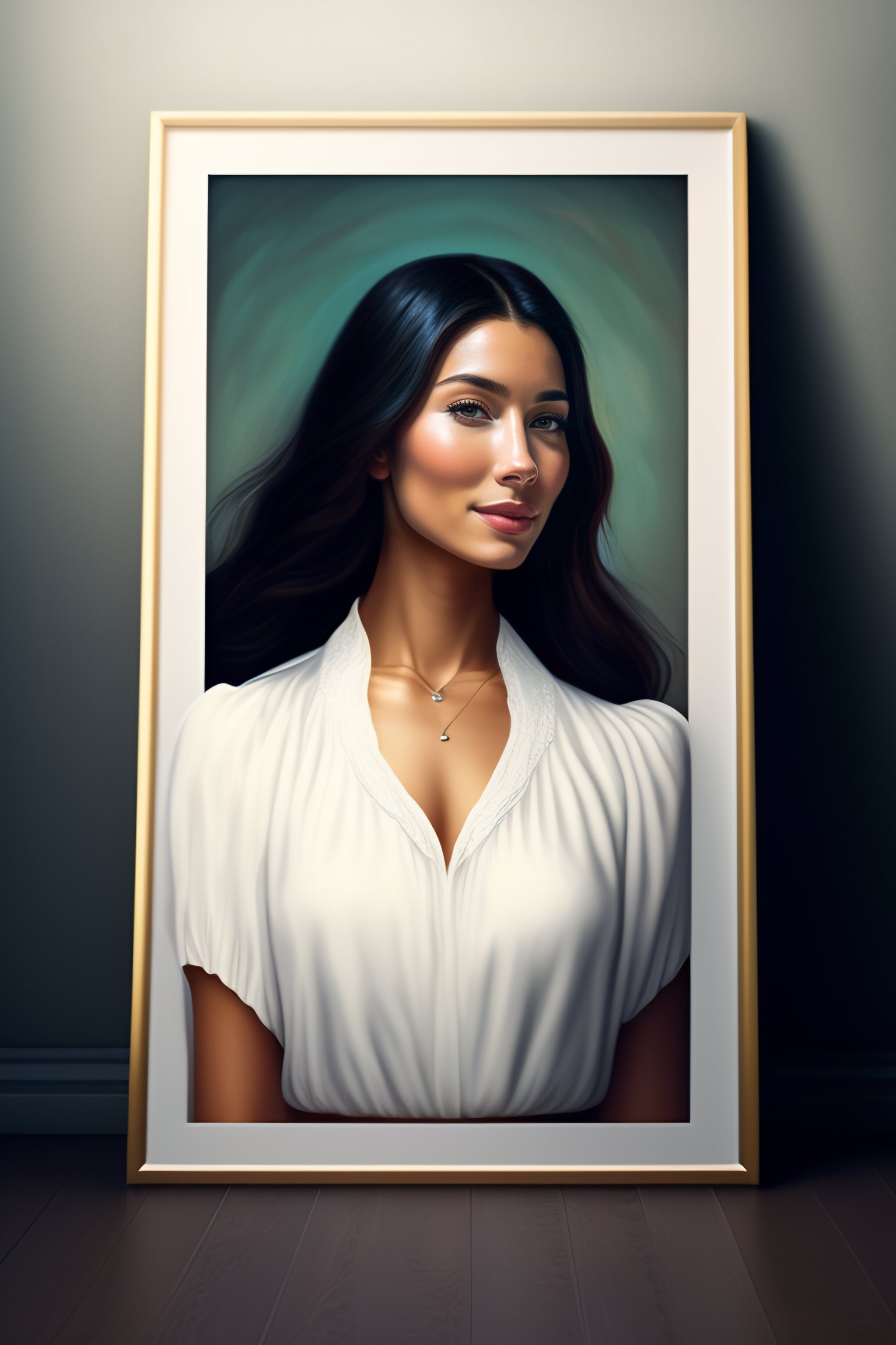 Lexica - Portrait of young woman hanging a framed painting on the white ...