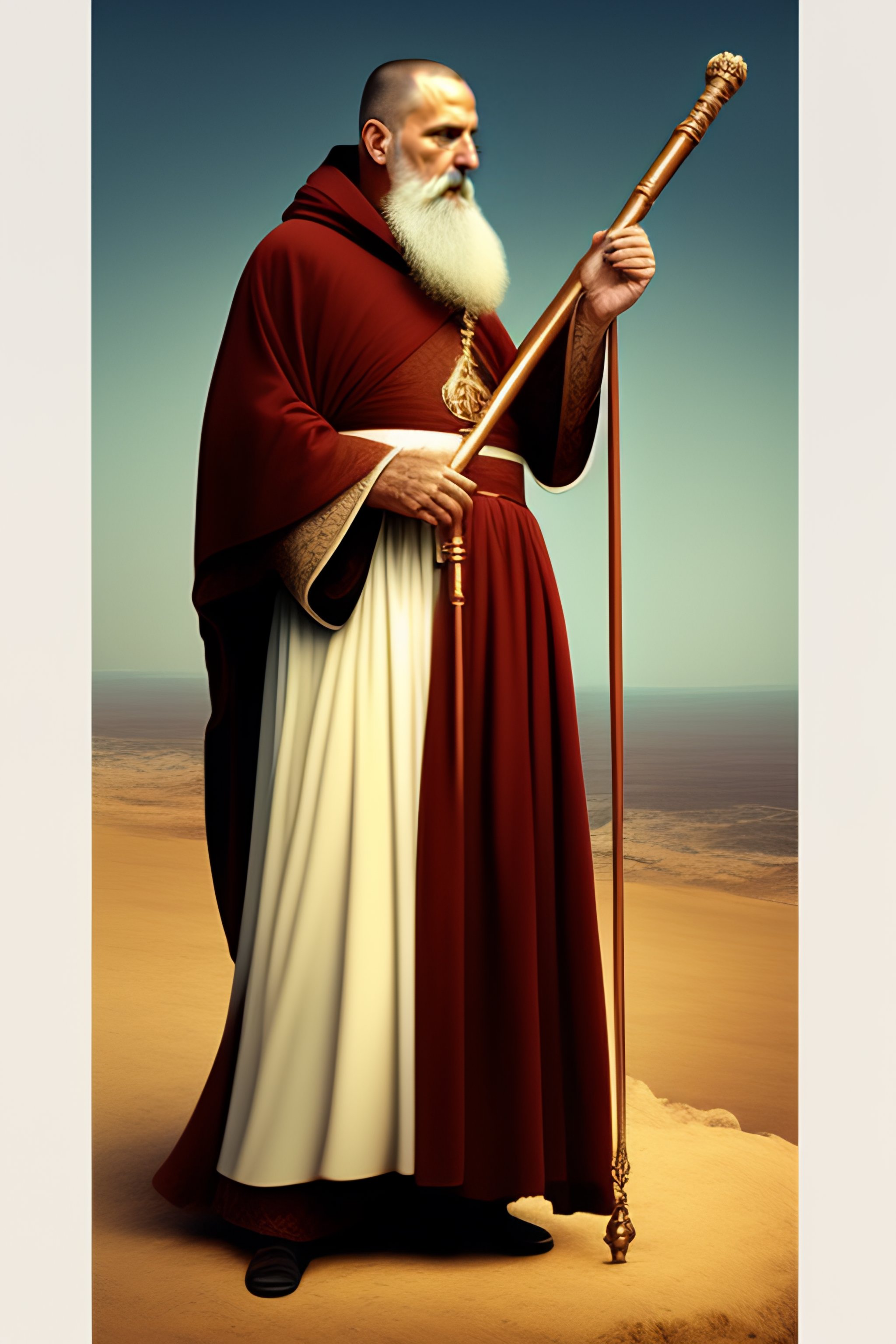 Lexica - One Greek monk in dark robe hold a white snake staff