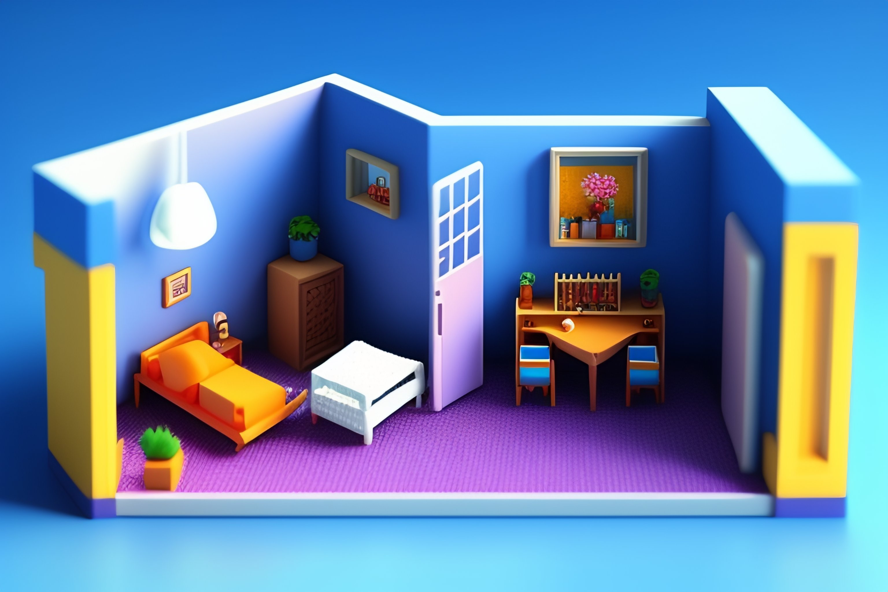 Lexica - Voxel 2D side-on doll house room of a large blue children's ...