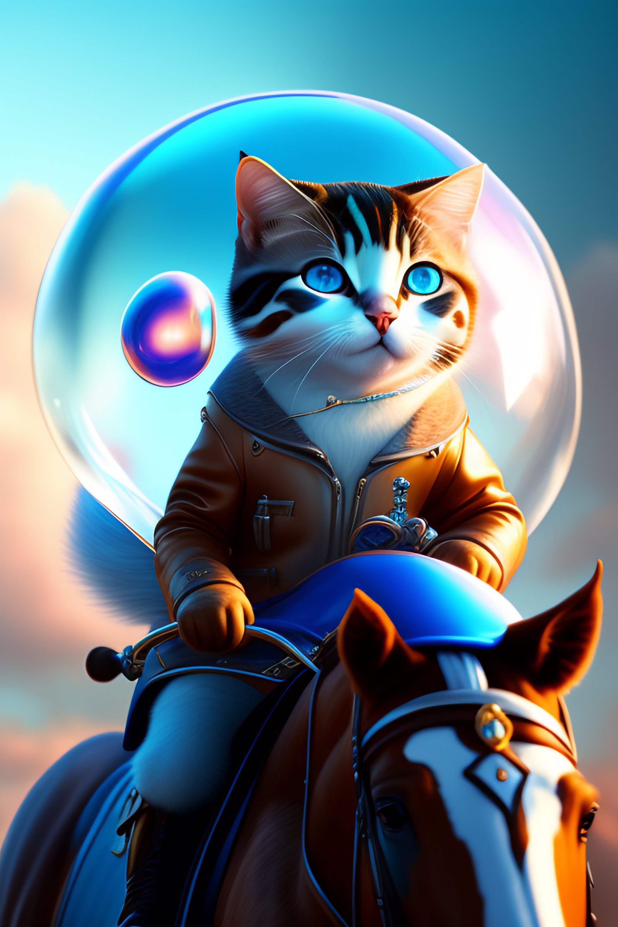 Lexica - Cinematic portrait of cute Mew riding large blue bubble, oil ...