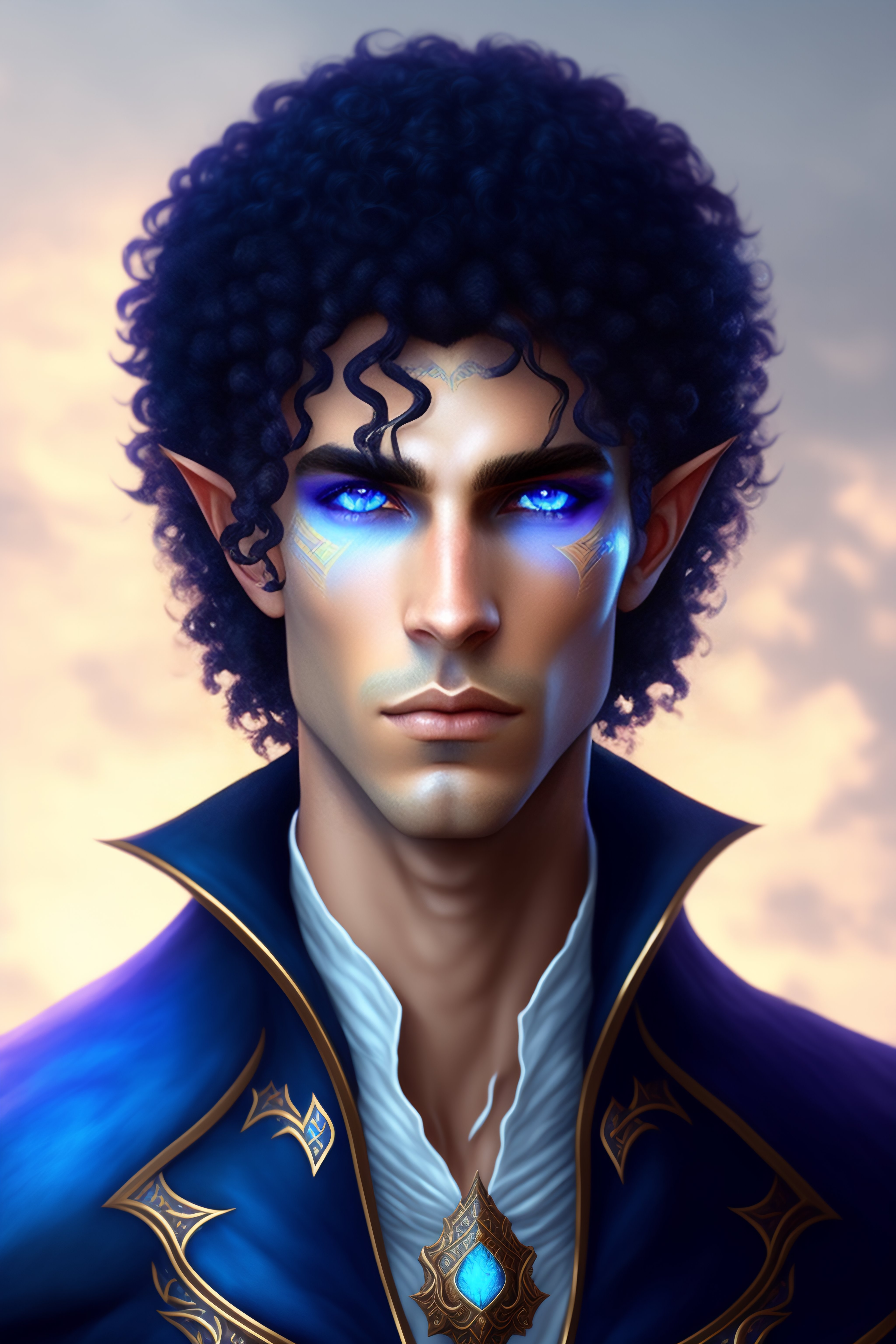 Lexica A half elf male fey sorcercer with piercing blue eyes and dark