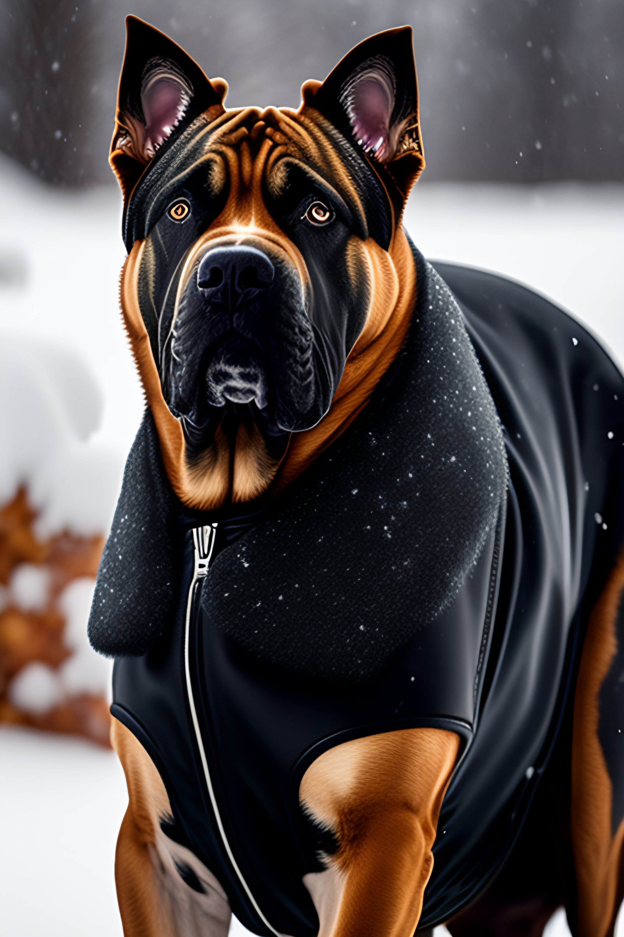 Lexica Cane corso wearing a leather jacket. cane corso is outside in a snow