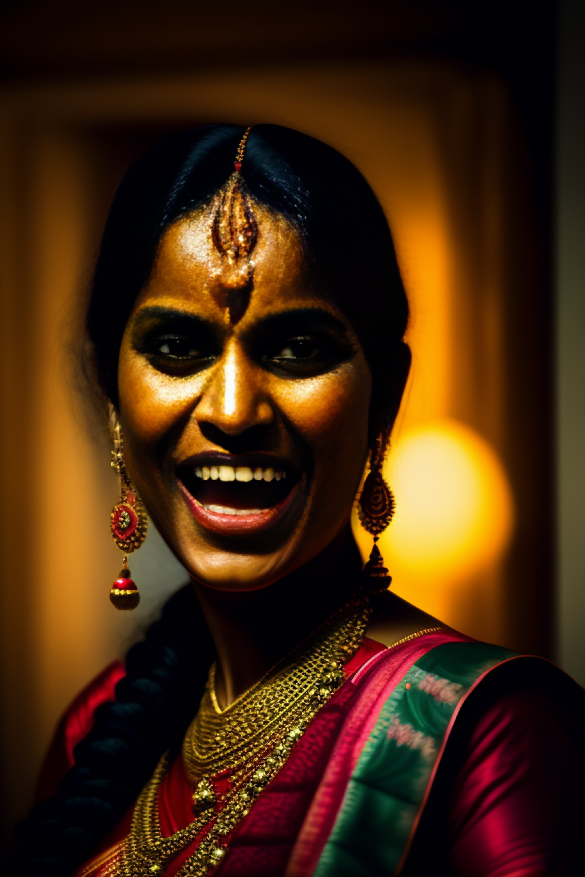 Lexica A traditional Bengali woman, demonic eyes, mouth open showing