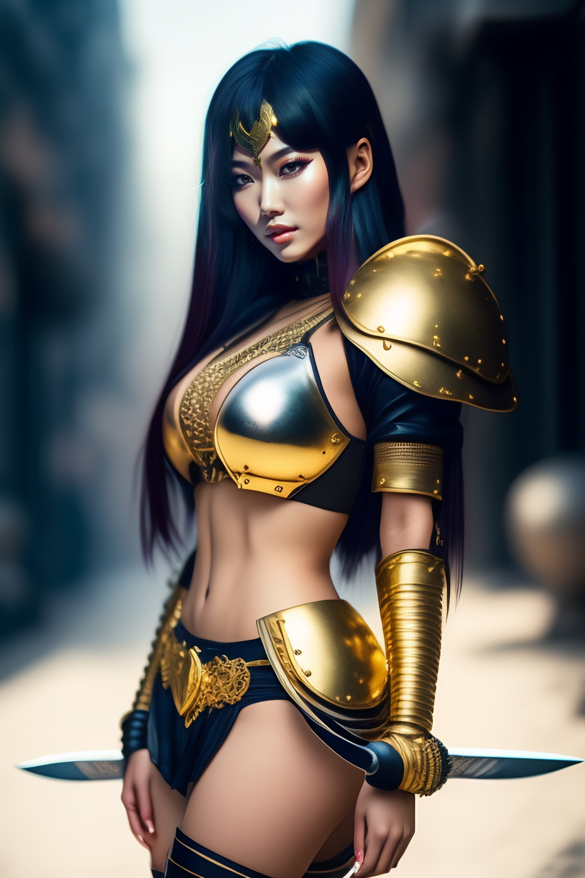 Lexica A Sexy Anime Girl Cropped With A Sword Made Of Gold And Half Chest Armor In Silver 