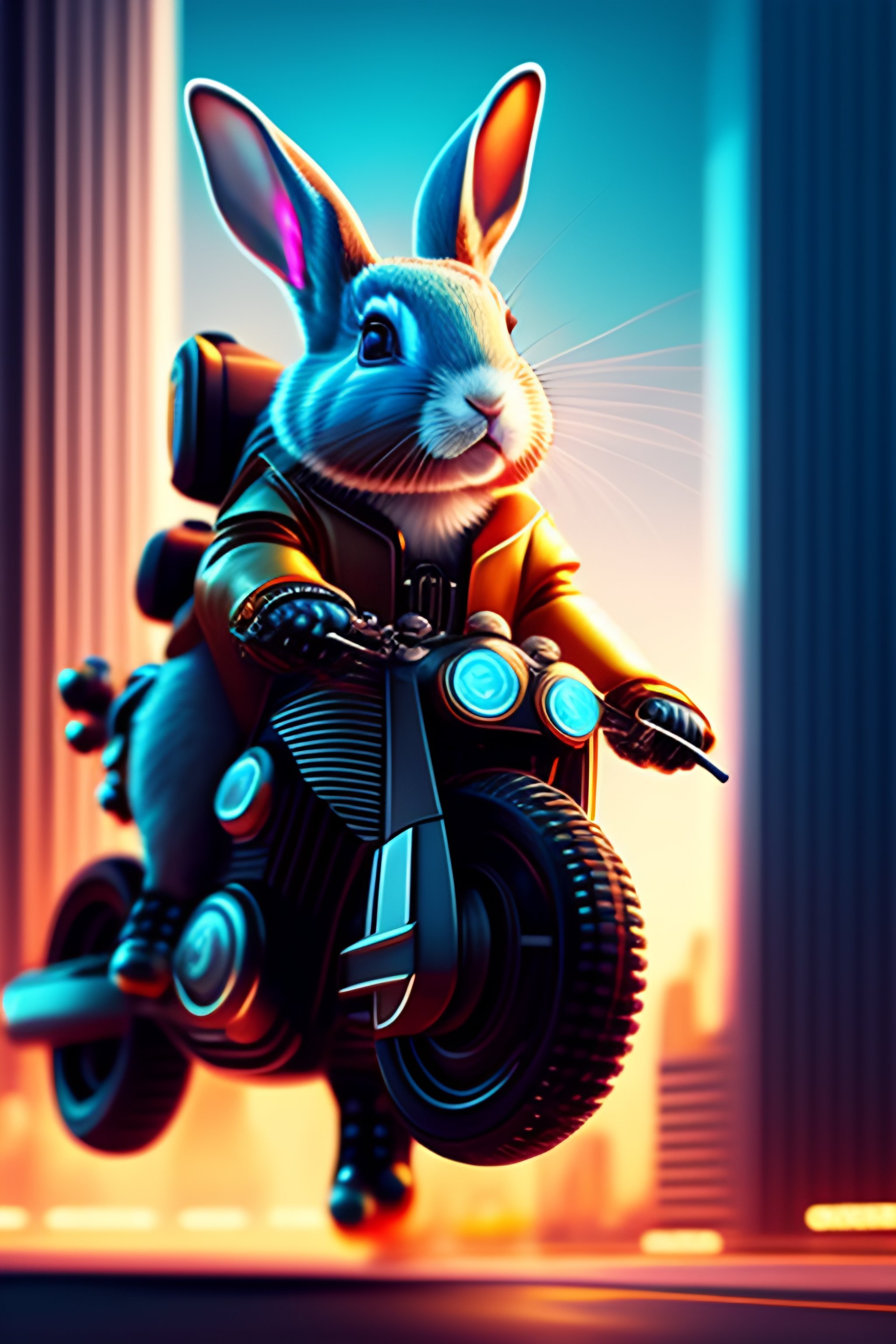 Lexica - A Cyberpunk Rabbit, in a futuristic Motorcycle, jumping over a ...