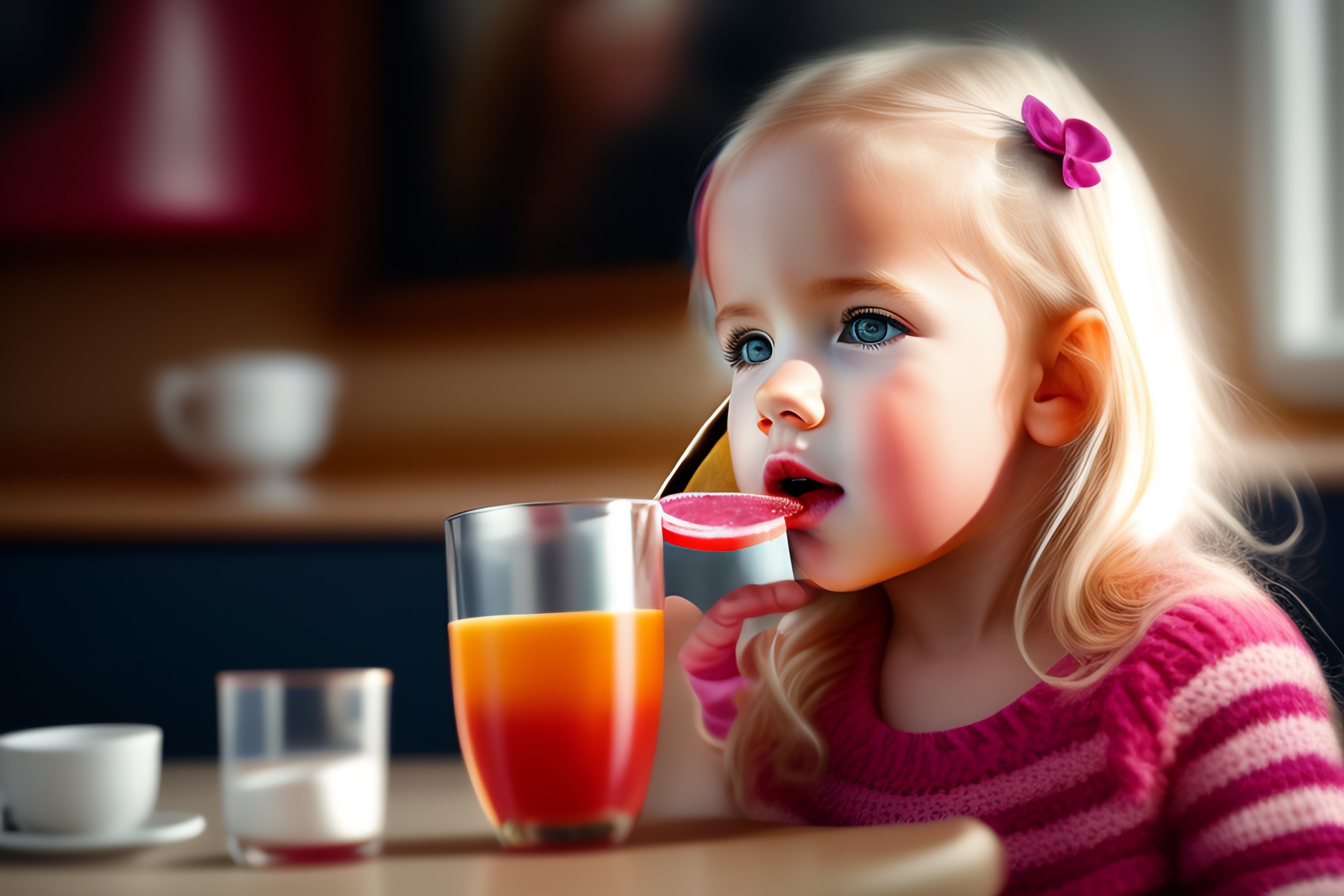 Lexica - 3 year old blonde girl drinking from a cup. photorealistic