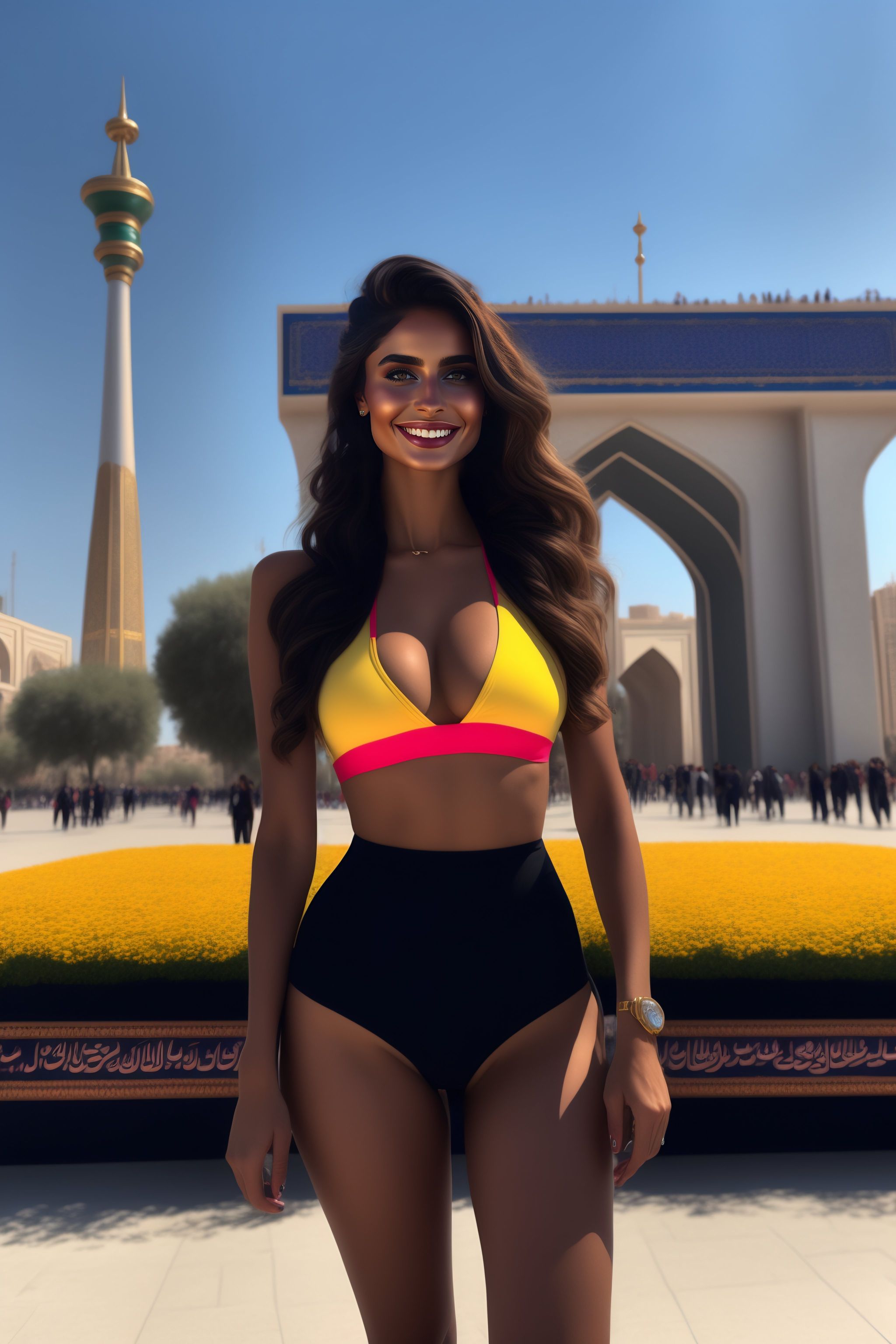 Lexica - Taylor hill as Iranian girl with bikini style standing in Azadi  square in Tehran, rossdraw,smile, hot, radiant light, full length