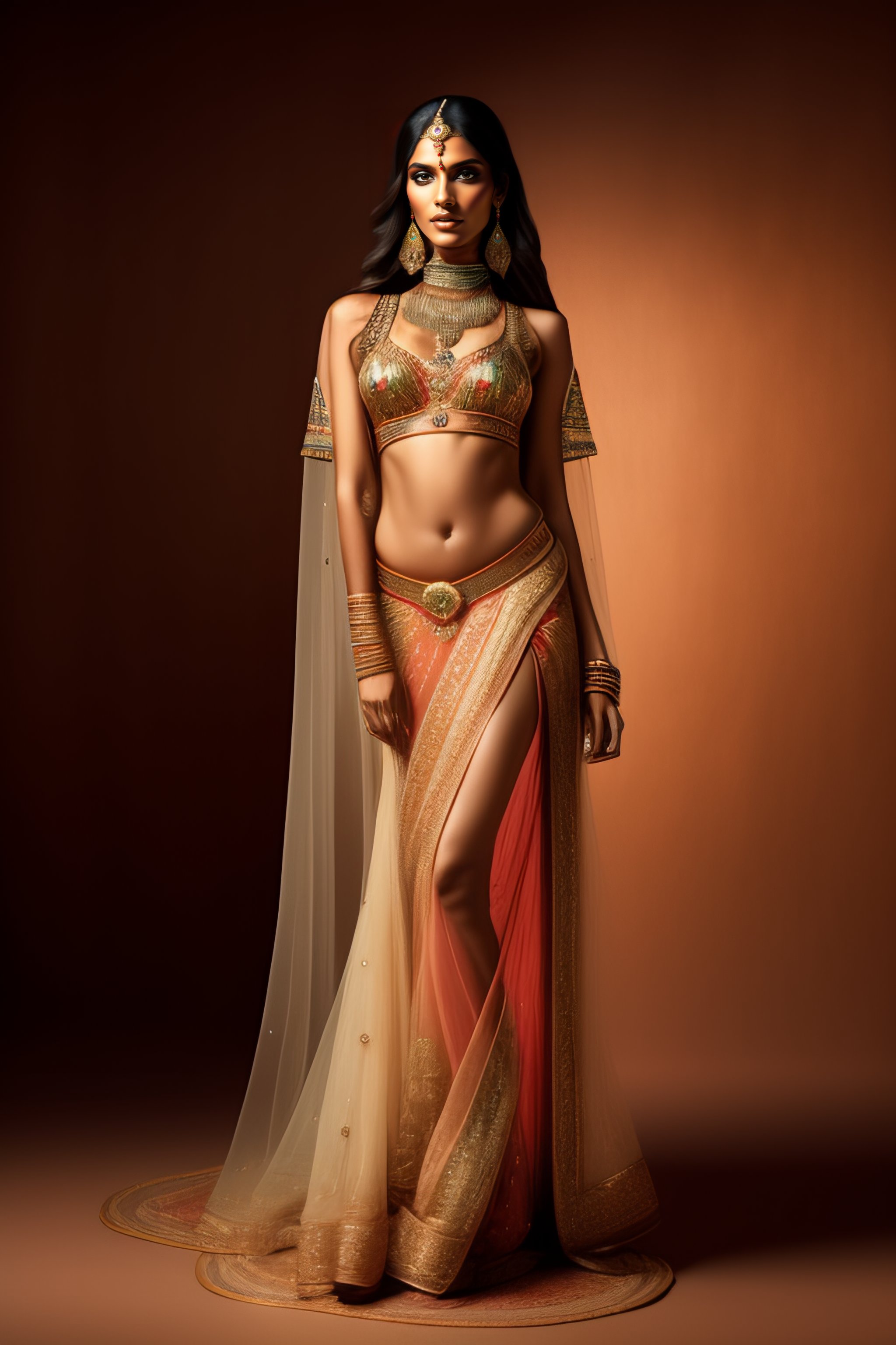 Lexica - Fully body young woman, long legs, beautiful indian princess,  stomach showing, thin transparent veil, barely clothed,