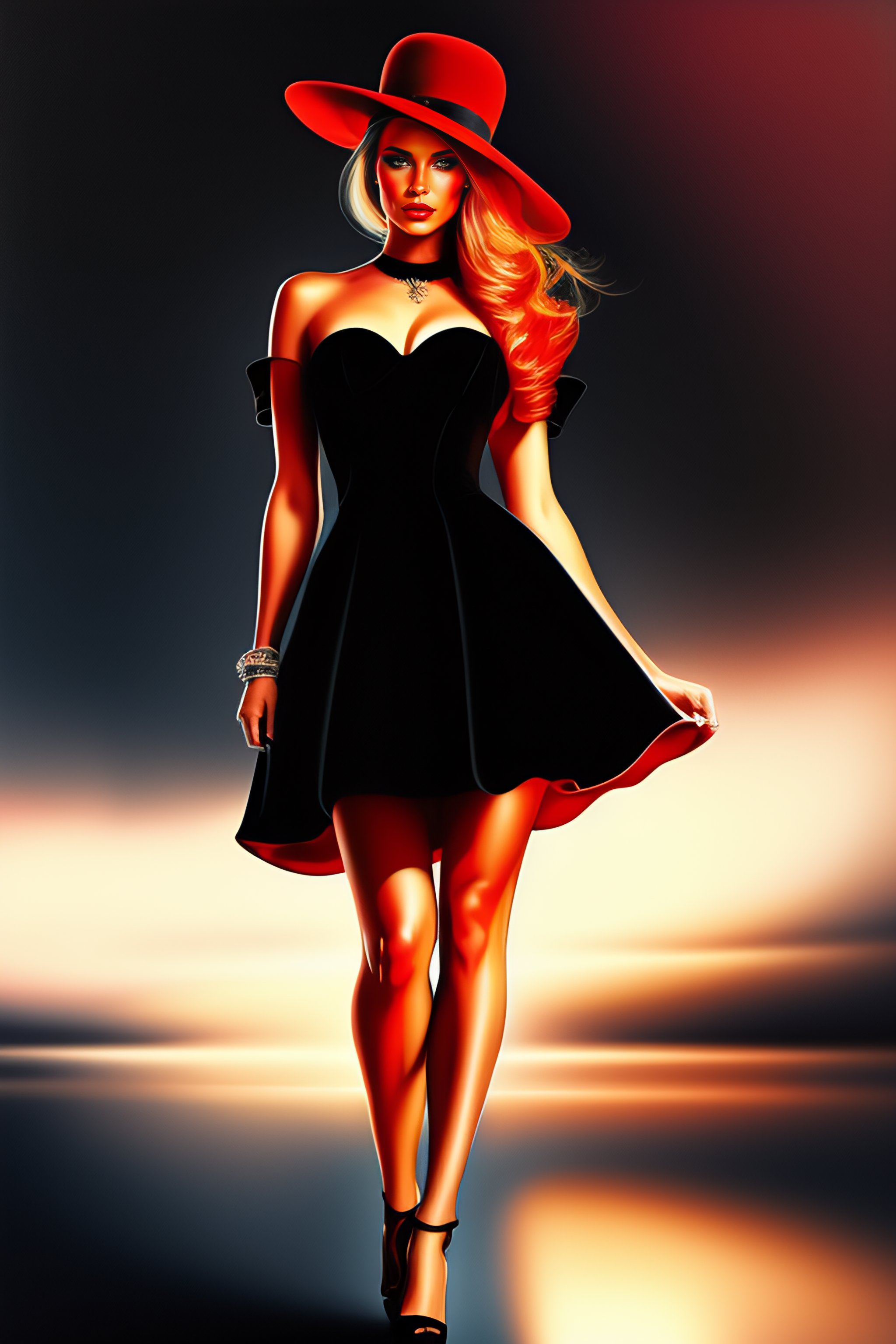 Lexica - Women with long dark hear in a black dress and high heels and red  hat