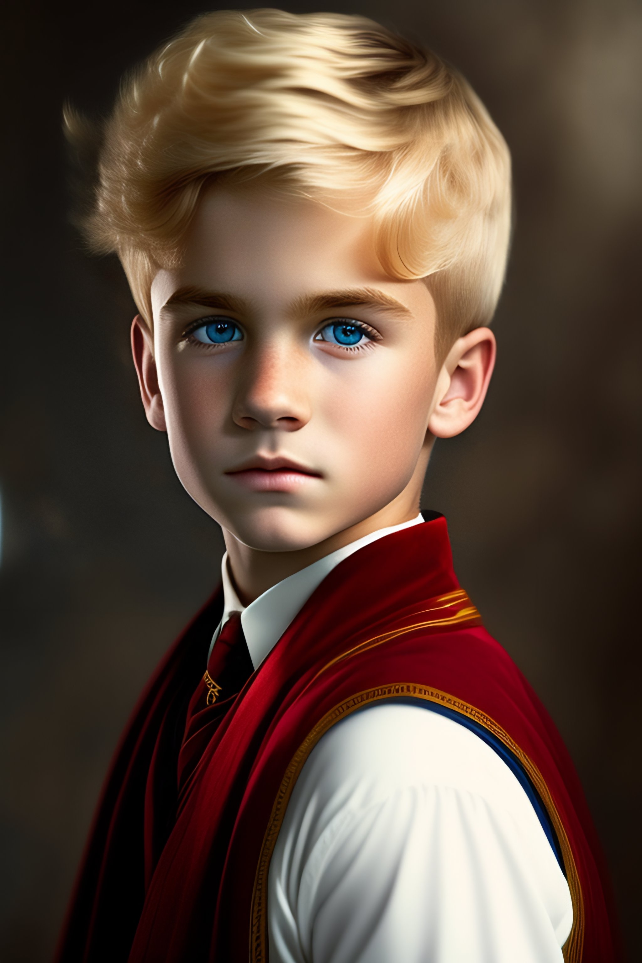 Lexica - Young boy, gryffindor, blond hair, bluey eyes, frown, white skin