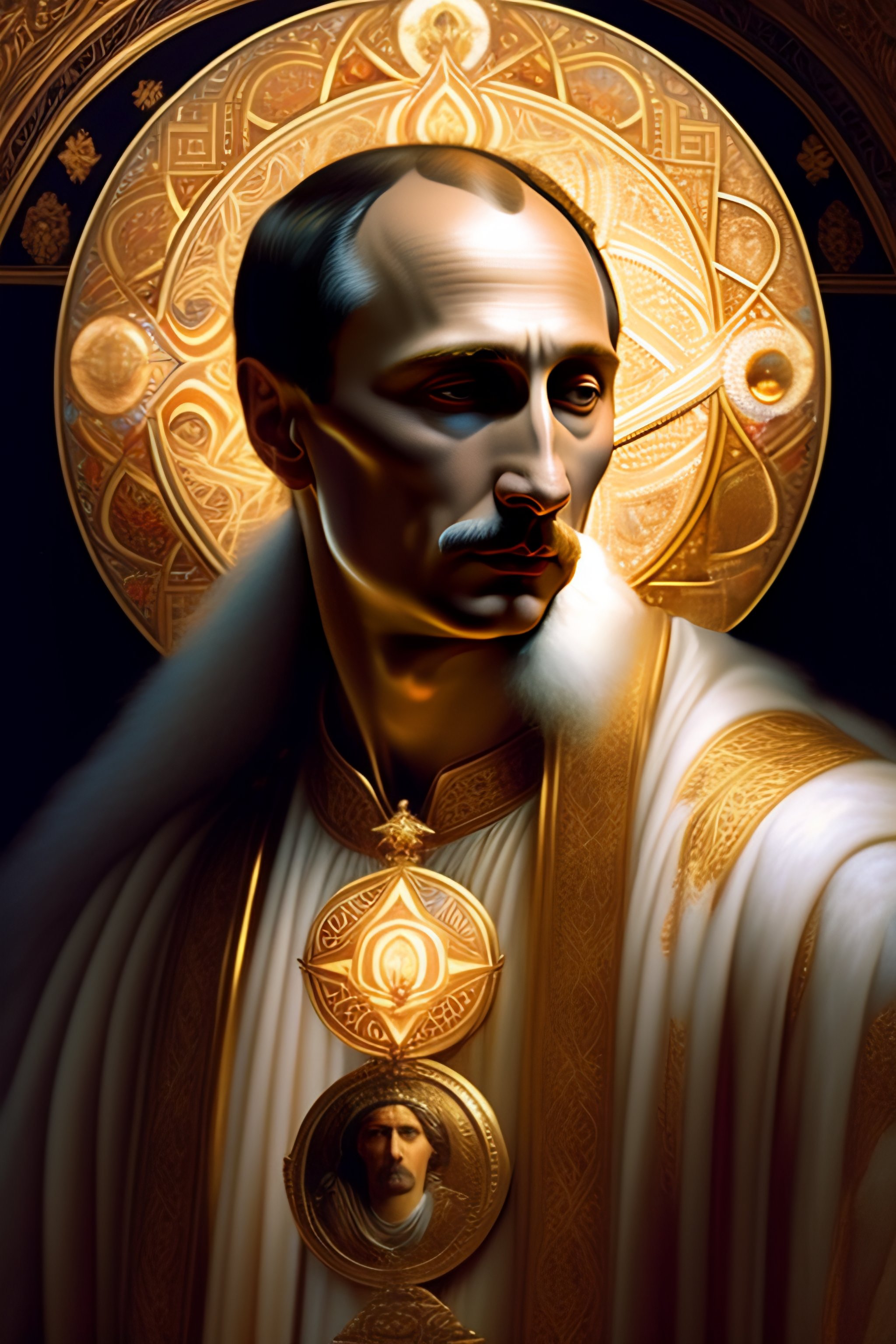 Lexica - Vladimir Putin as god, heaven, portrait, mucha