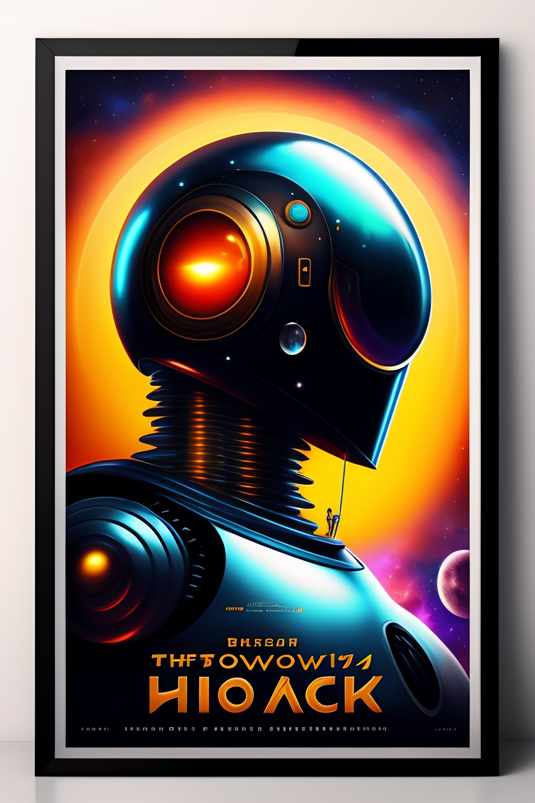 Lexica Buff robot, black clam head, goggly eyes, in space, movie poster