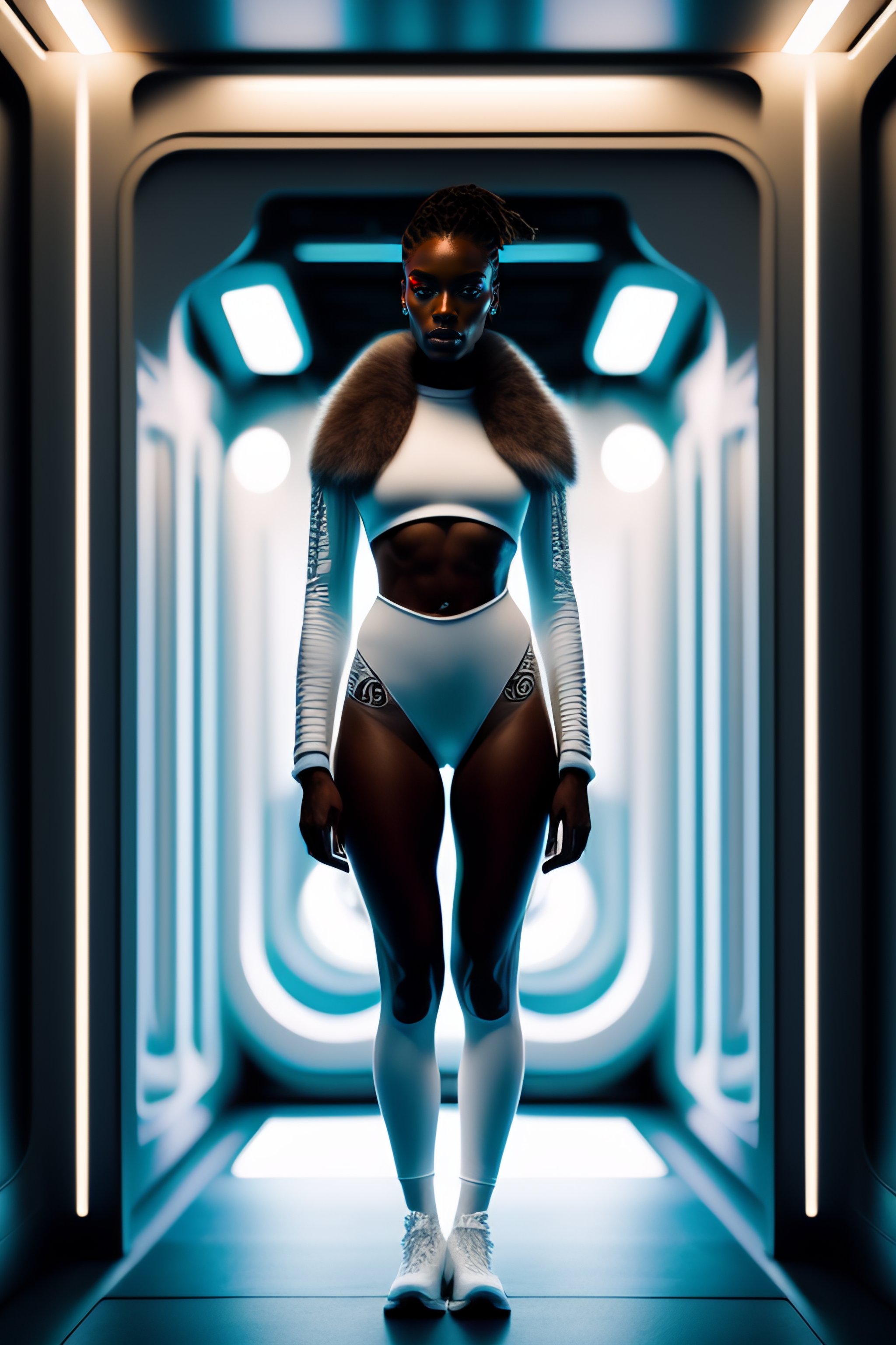 Lexica - Female standing pose trapped in a small space station