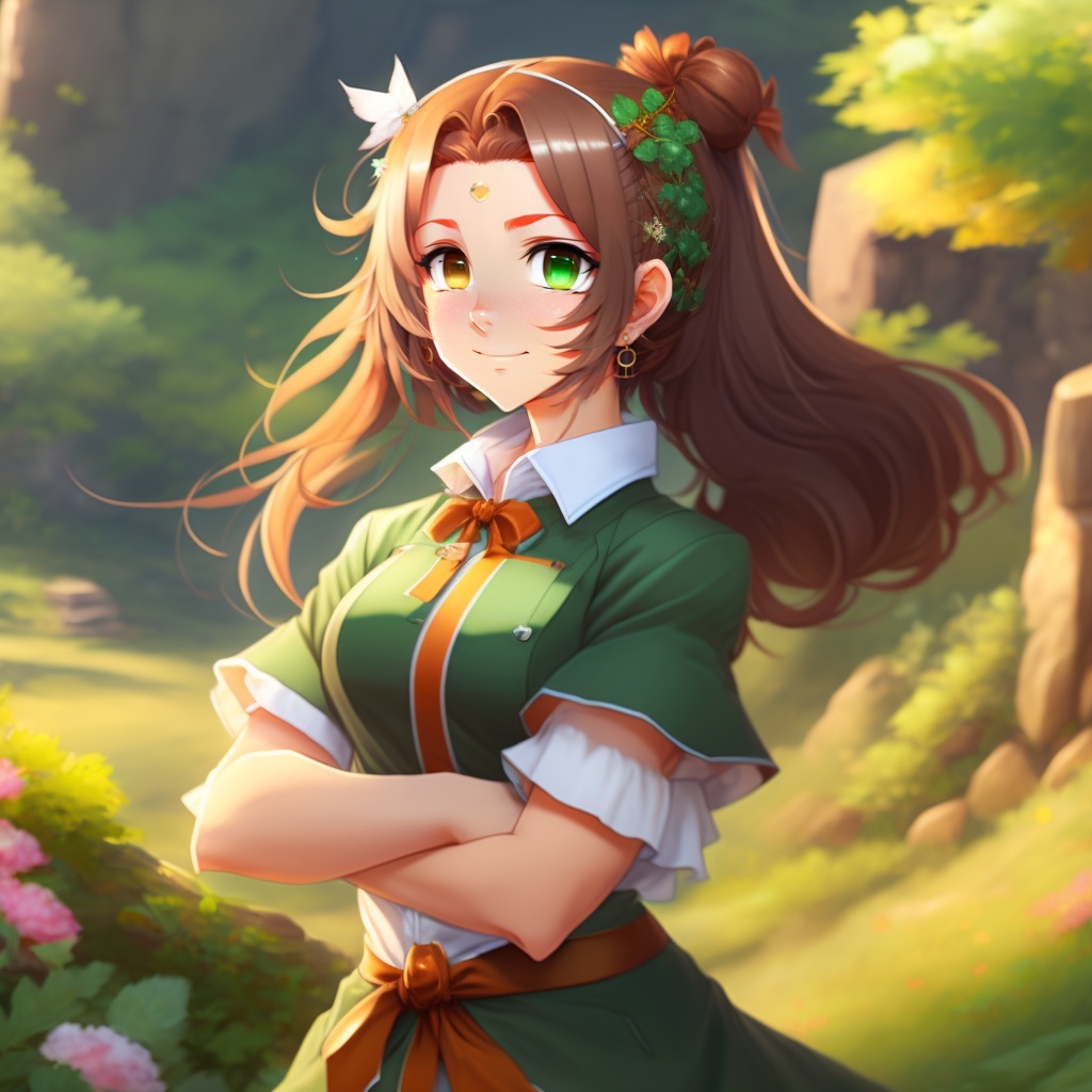 Lexica - A anime girl wear an anime girl with a green apron and brown hair  tied in a ponytail, mature, brown eyes