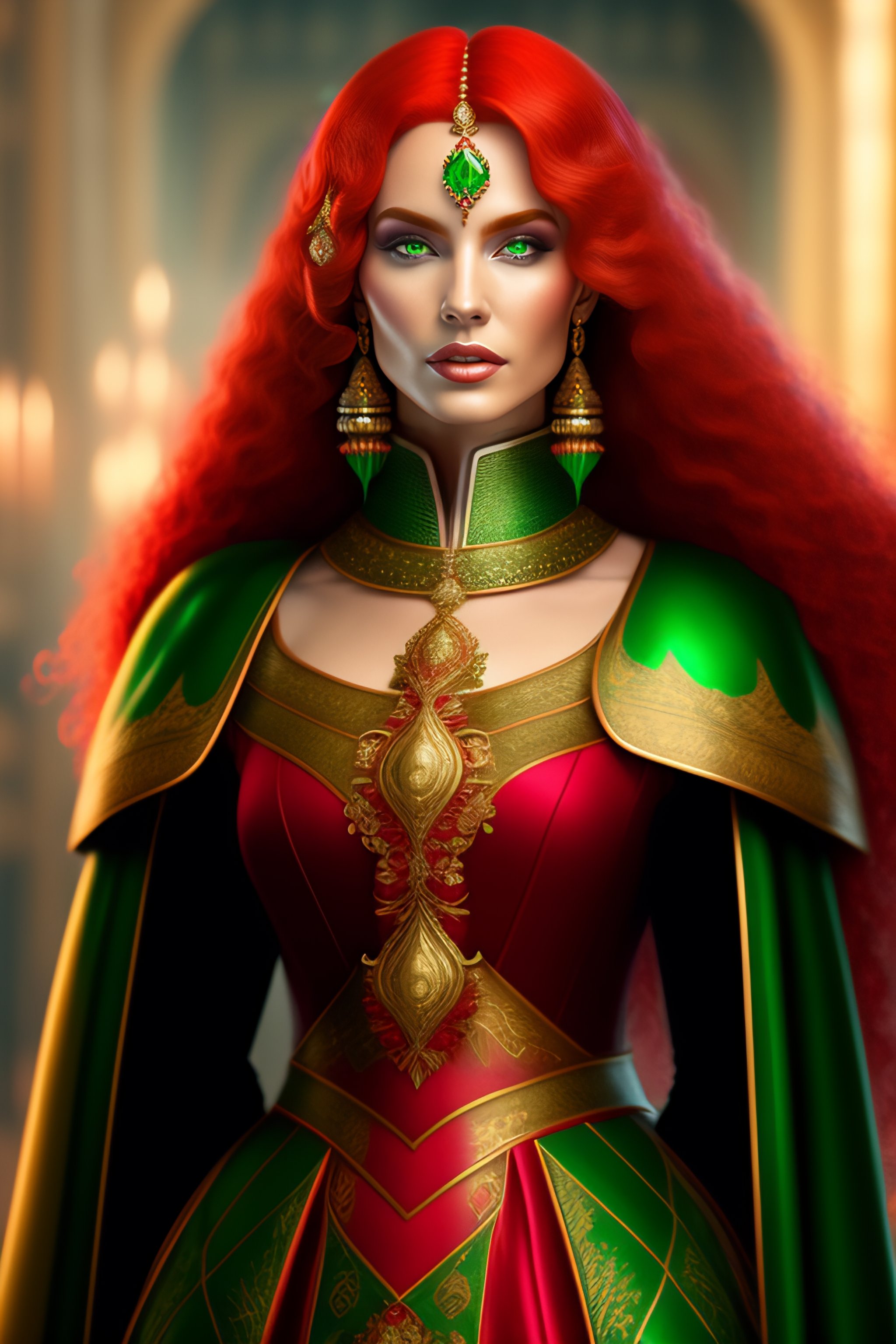 Lexica - Red hair Woman in engraved ivory and emerald armor, regalia ...