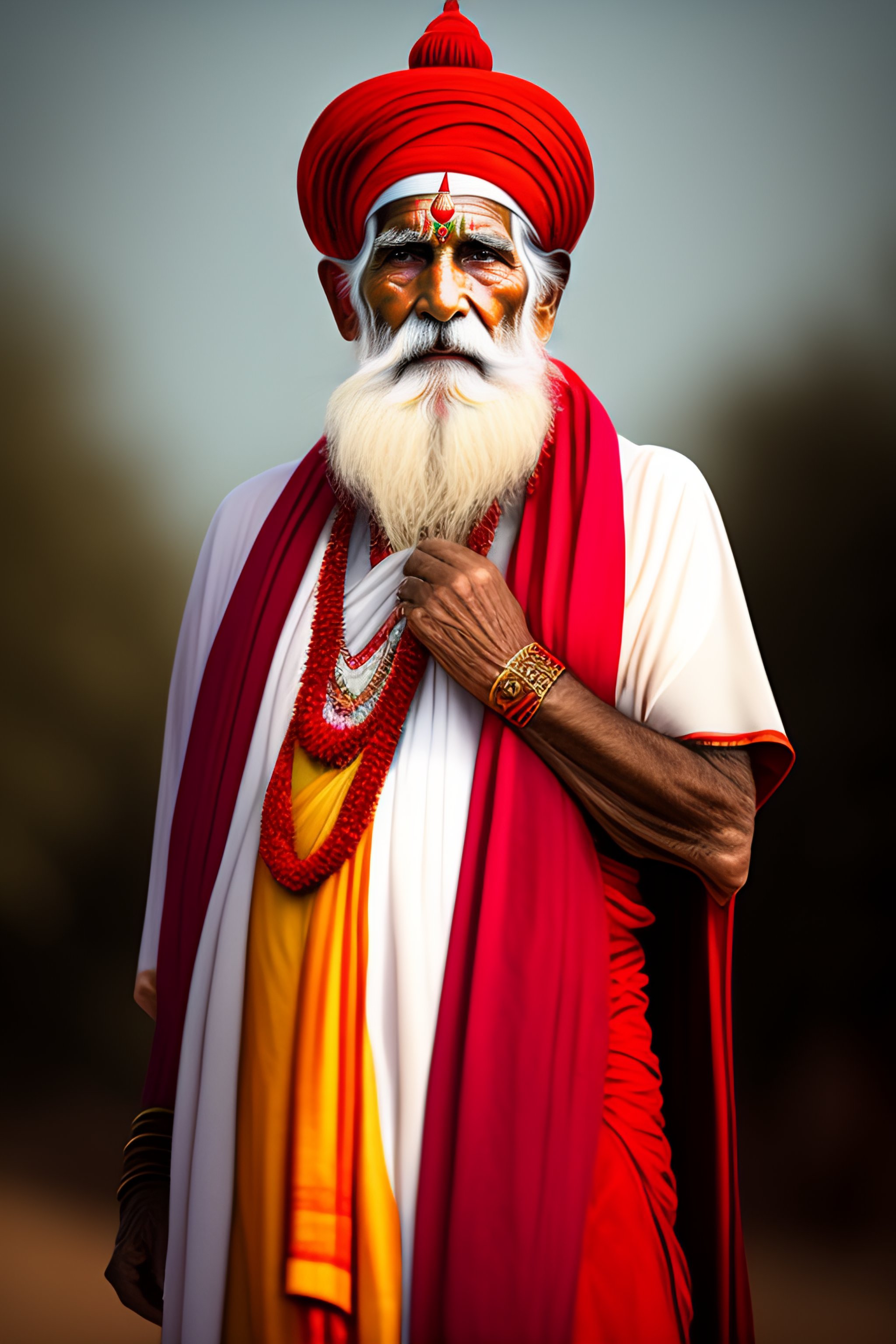 Lexica Fair skinned Old Hindu Male Saint with red pointy hat and