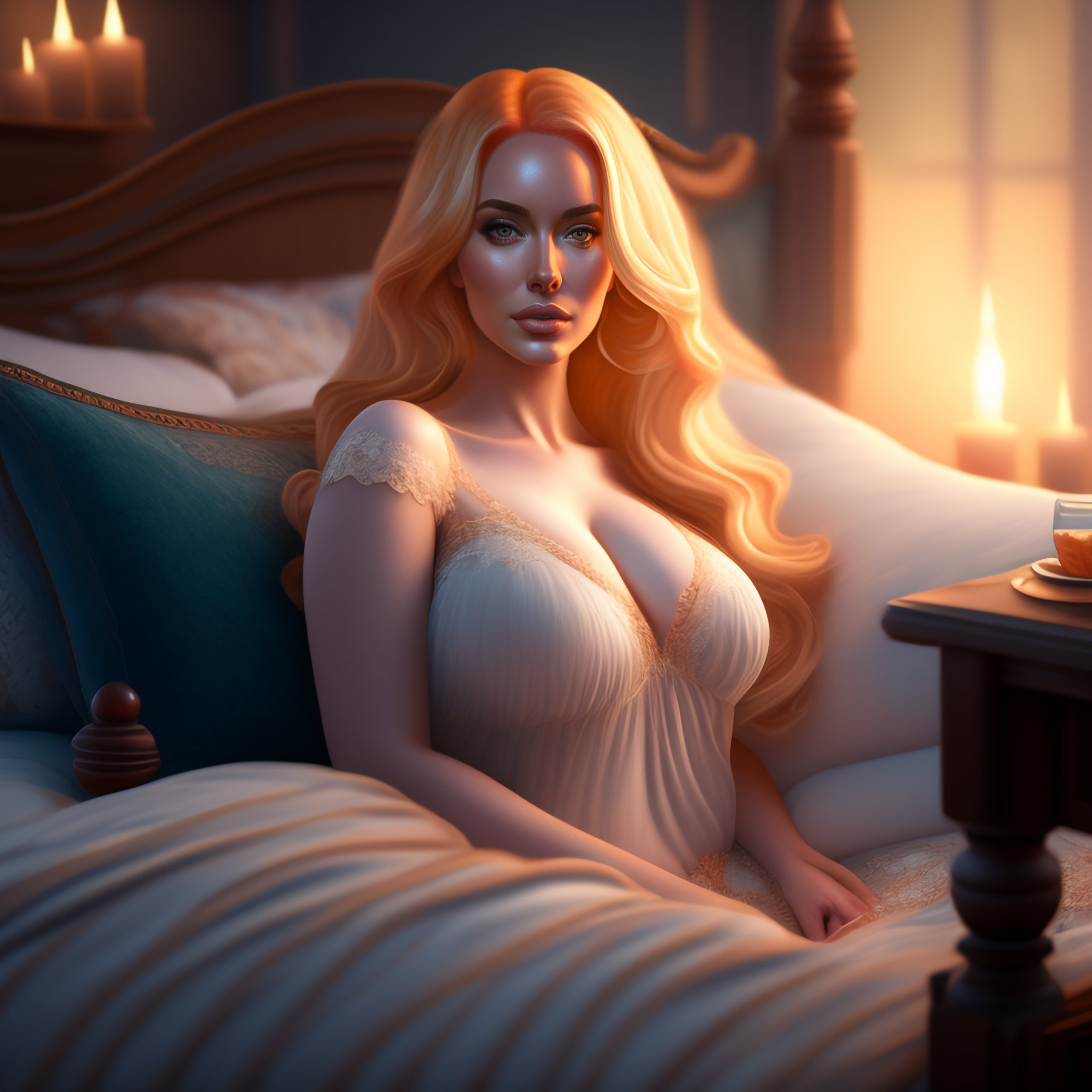 Lexica Blonde Christina Hendricks sitting on fantasy bed, full body