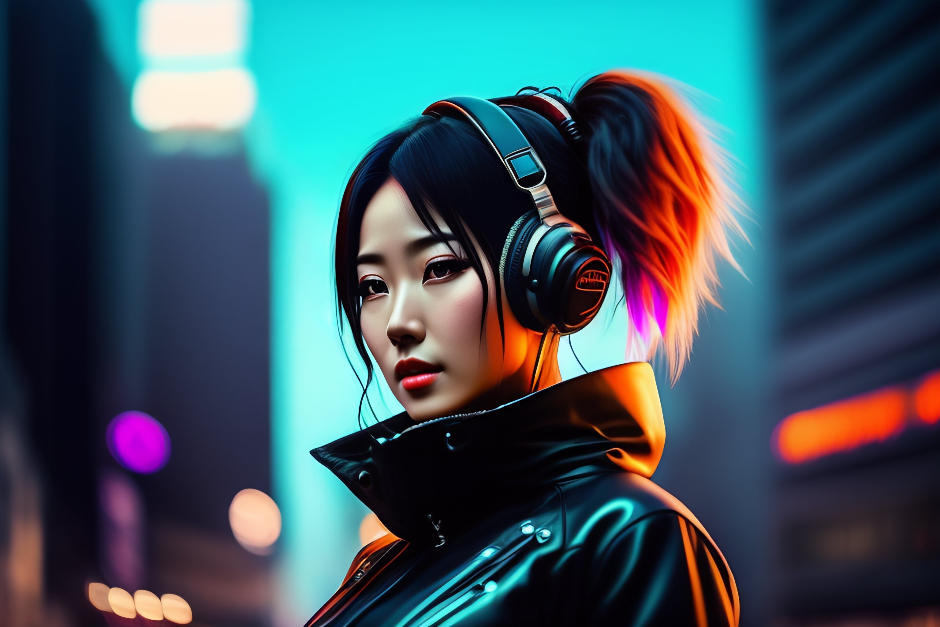 Lexica - Anime woman listen techno music in a dystopic city in the night