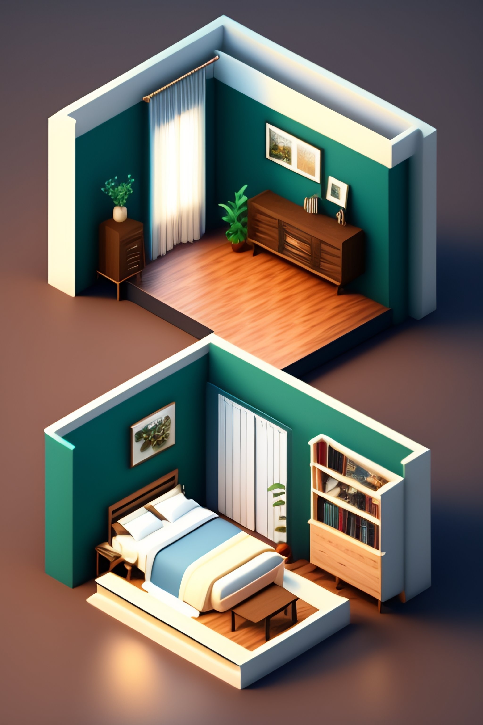 Lexica - Isometric render of the bedroom interior of a a modern middle ...