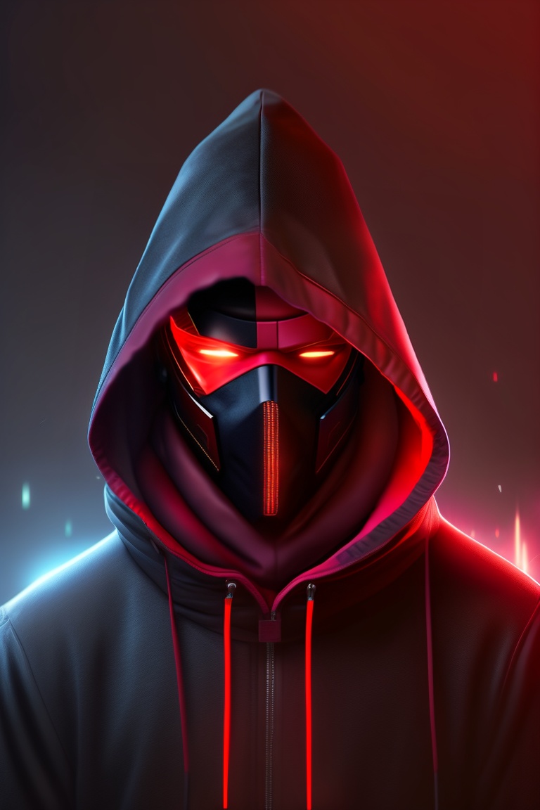 Lexica - Male character, hooded, dark, with neon red and mask, dark ...