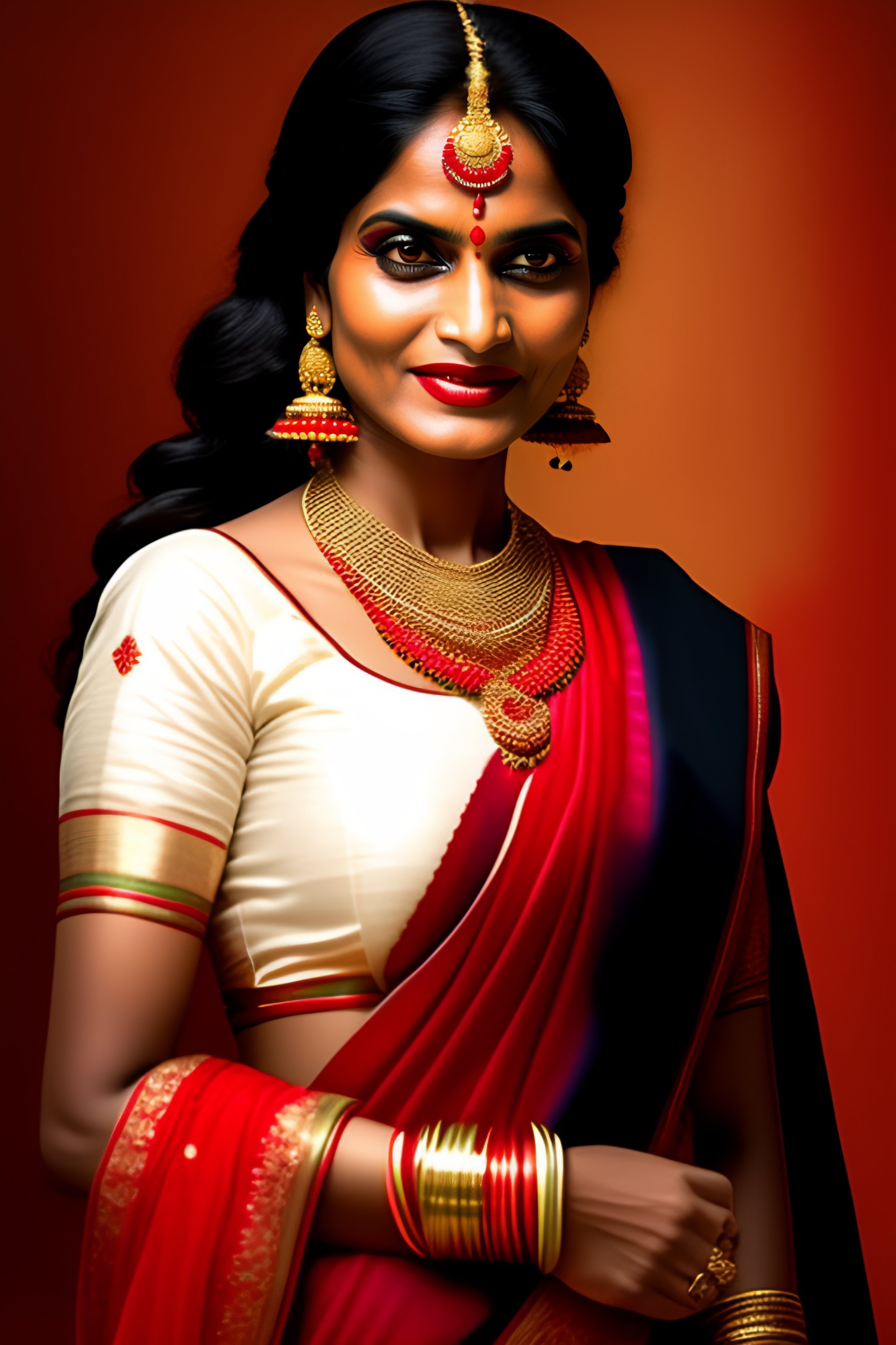 Lexica A traditional Bengali woman, evil eyes, mouth open showing
