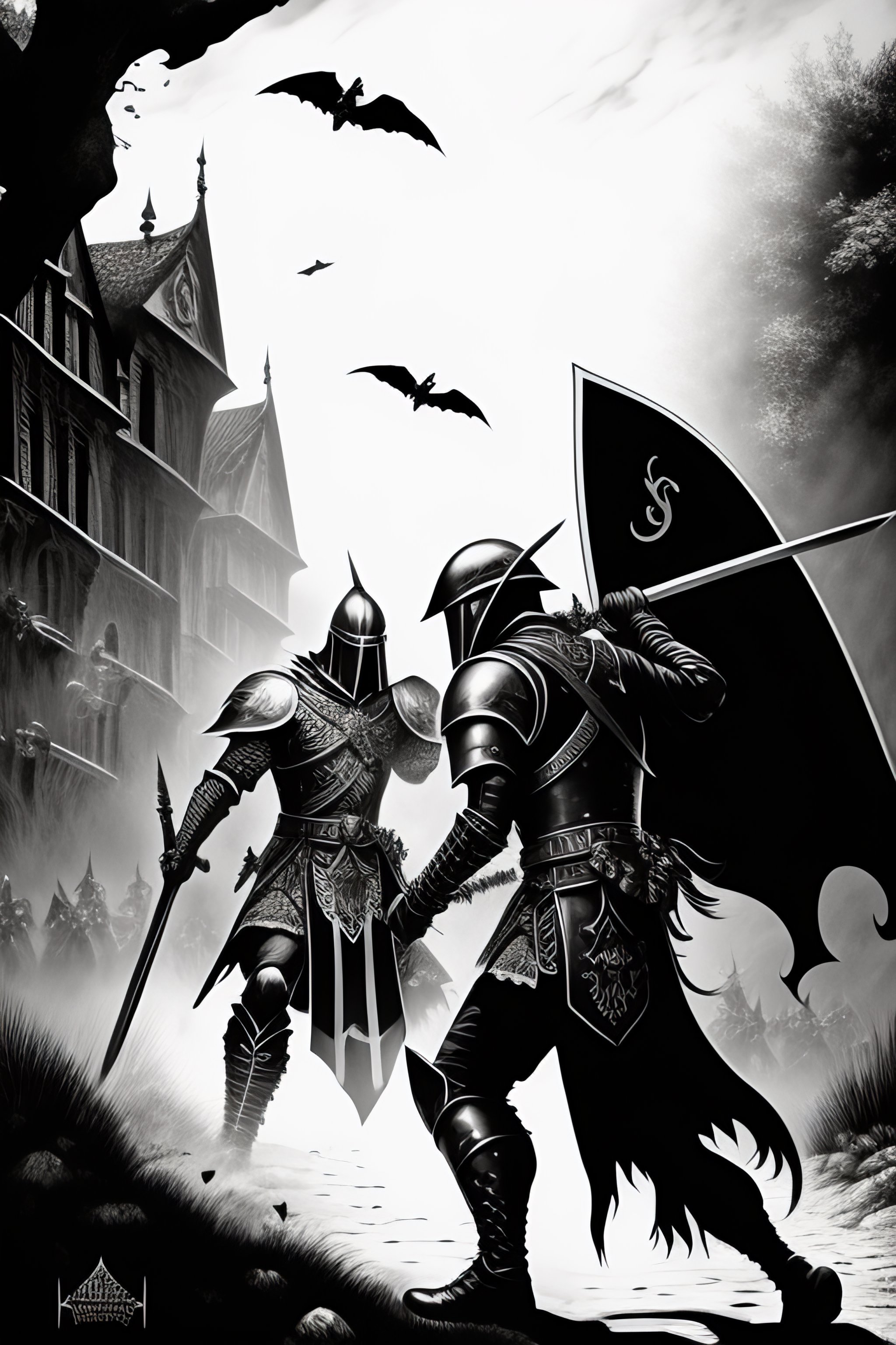Lexica Knights fighting zombies, black and white, illustration, line