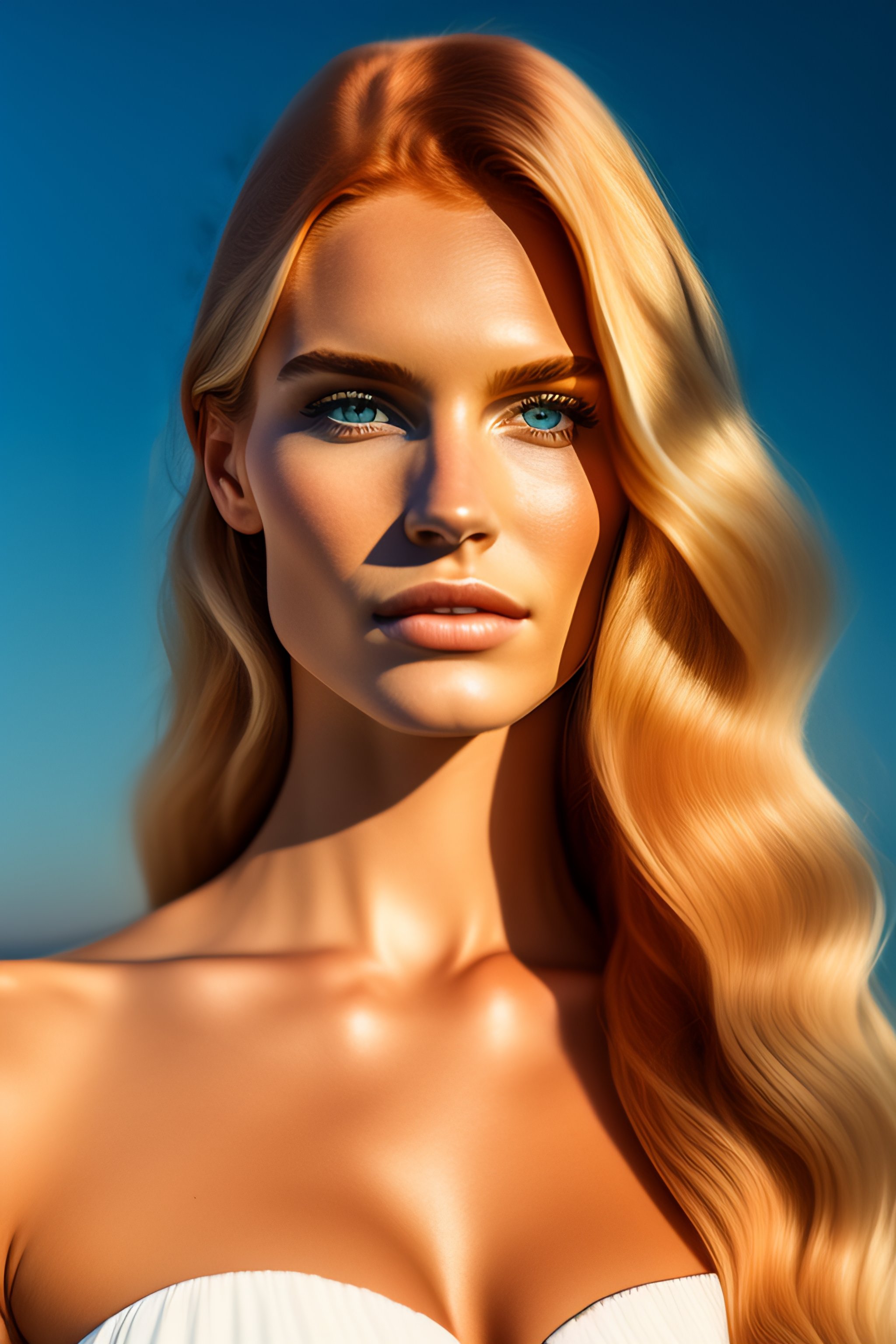 Lexica - Olive skinned strawberry - blonde female model in her twenties,  wearing a gucci dress, looking content, focused on her neck, photo  realistic...