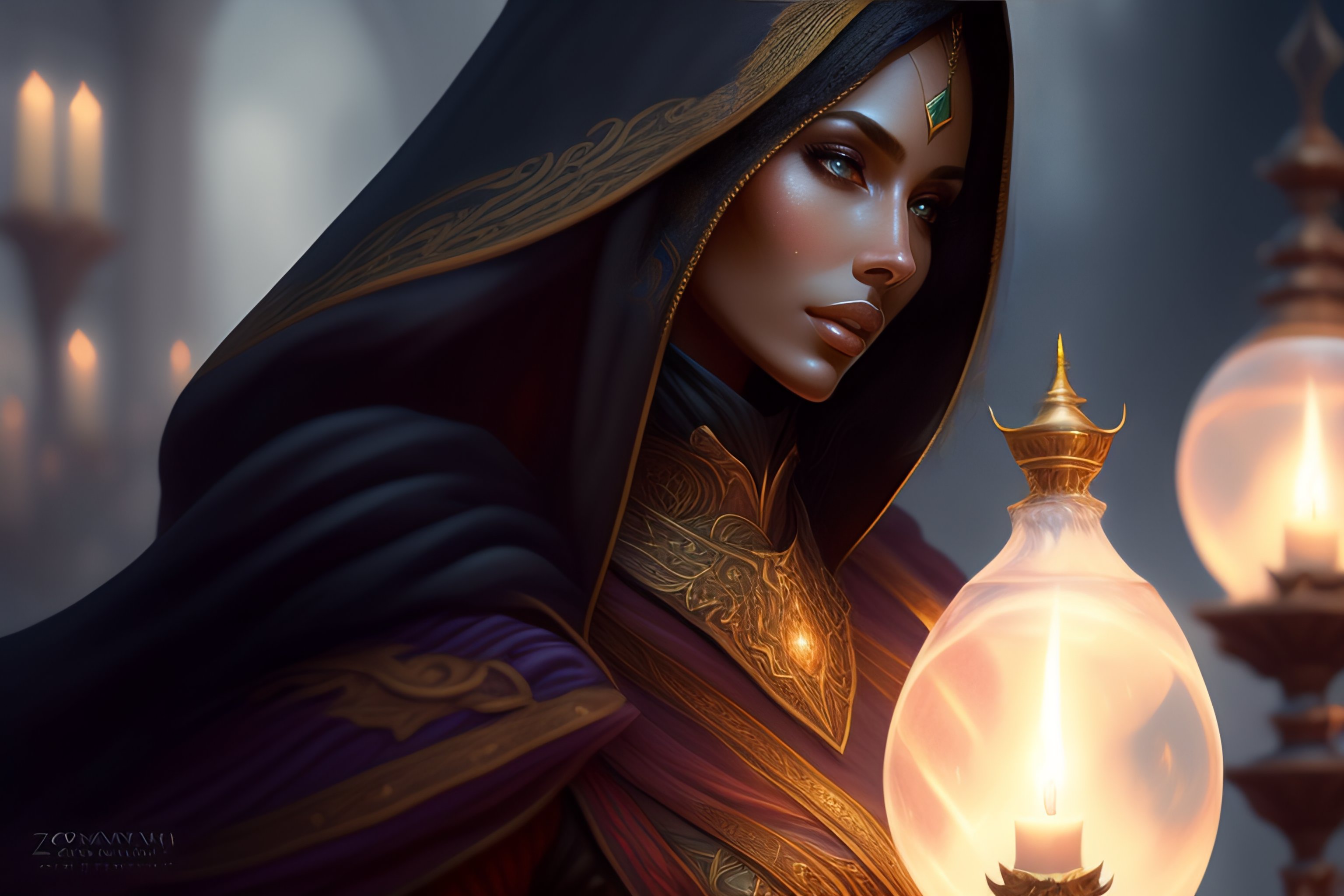 Lexica Beautiful necromancer, zoomed out, full body shot, hood, d & d, fantasy, intricate