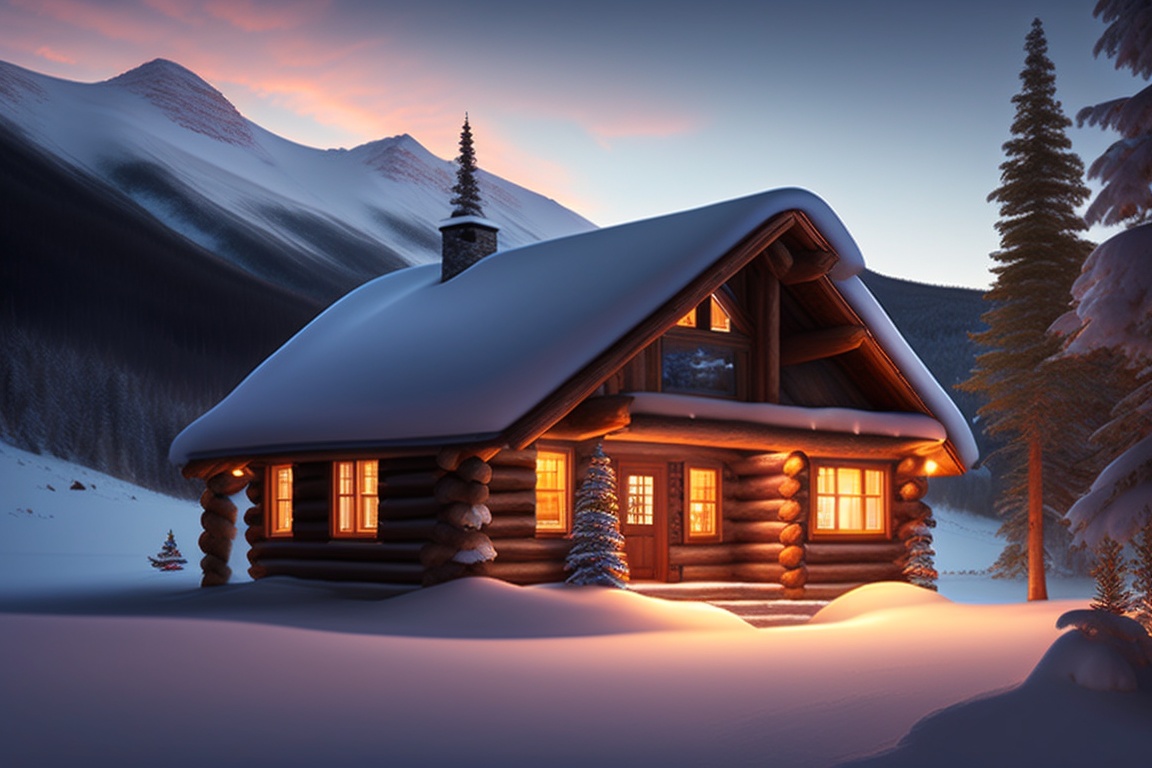 Lexica - A cozy cabin nestled in a snowy mountain landscape, with smoke ...