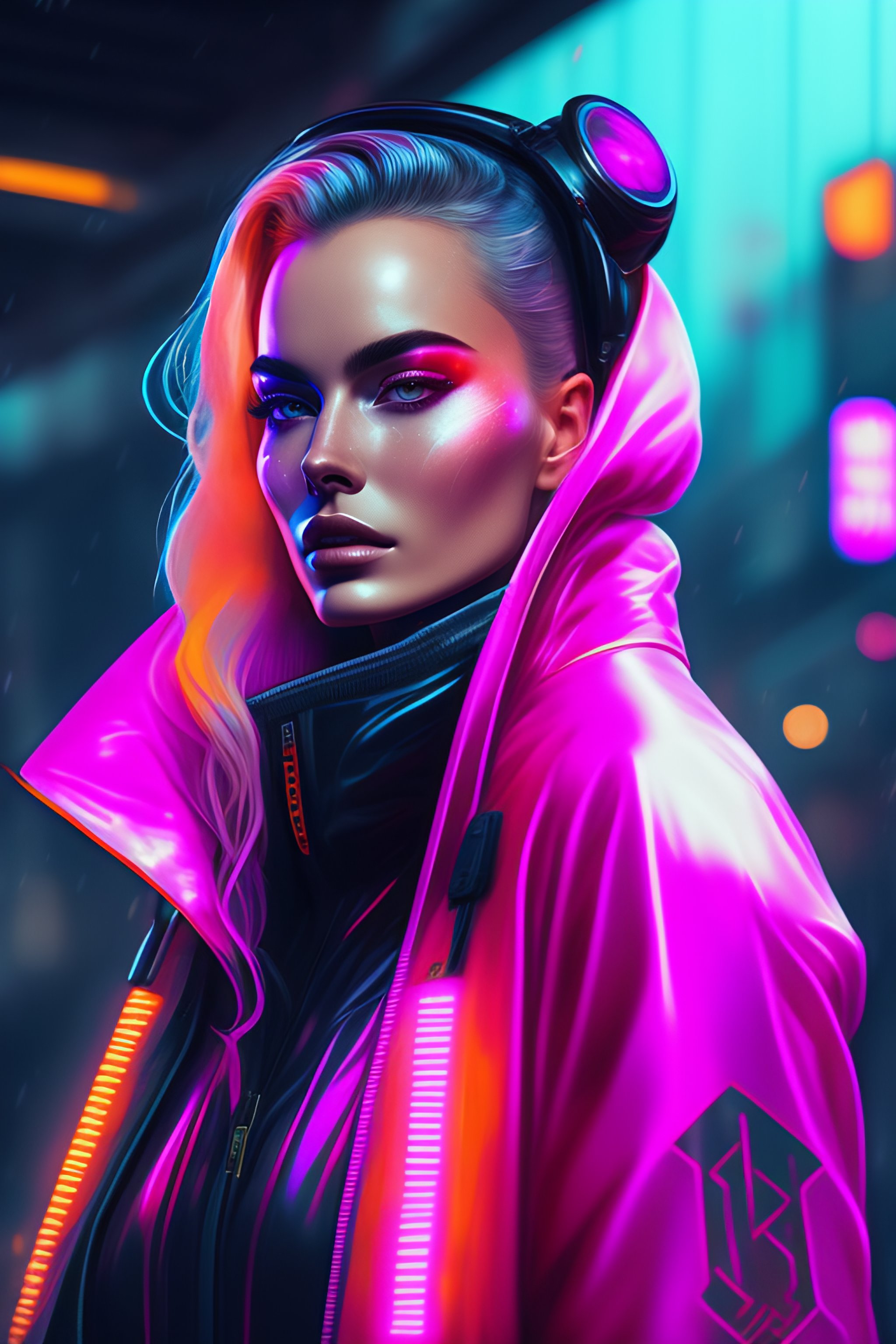 Lexica Neon Operator Margot Robbie Cyberpunk Futuristic Neon Reflective Puffy Coat 0953