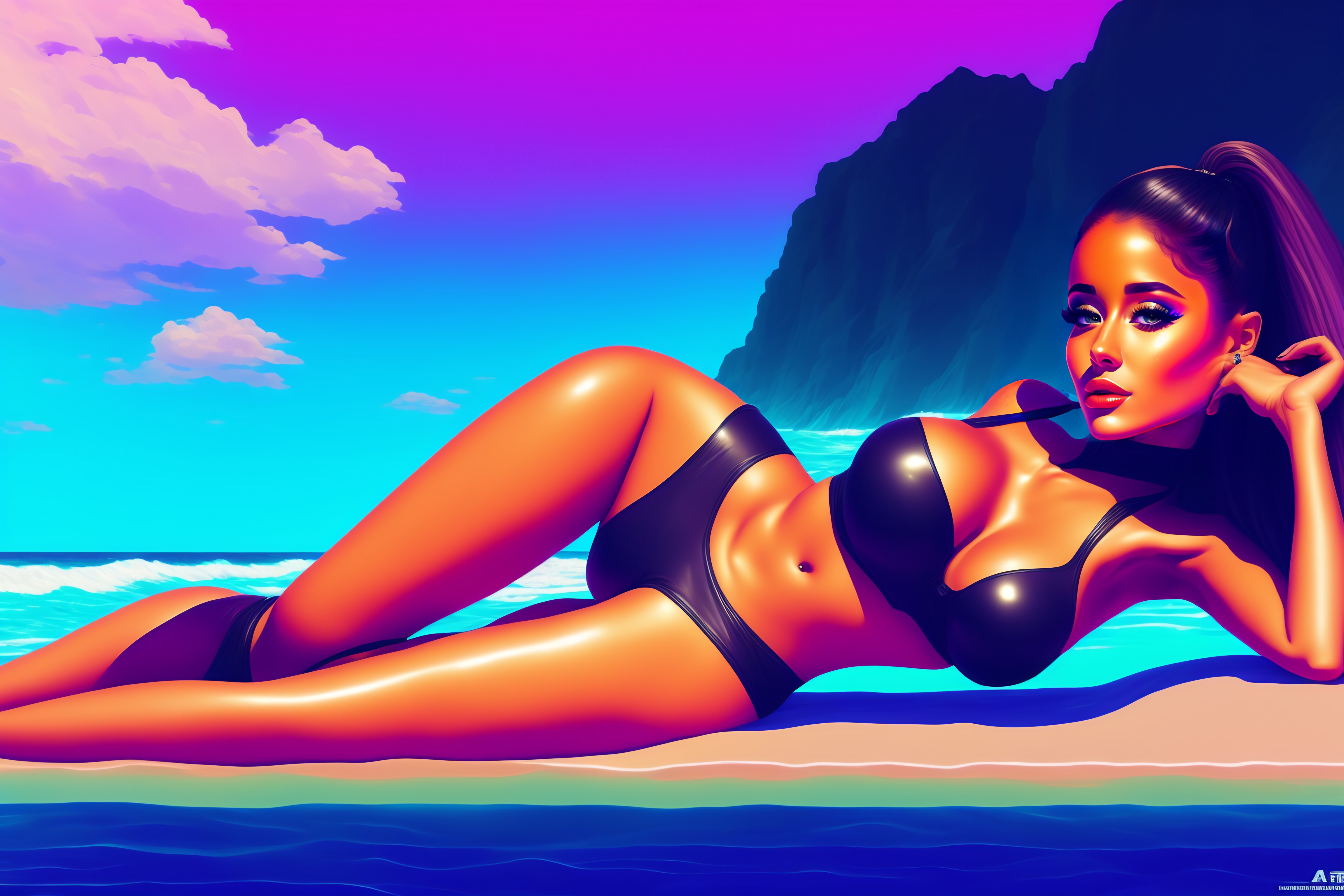 Lexica - Full body Ariana Grande with a little bikini lying down in a  futuristic beach, hyper detailed painting, style of laurie greasley, studio  ghi...