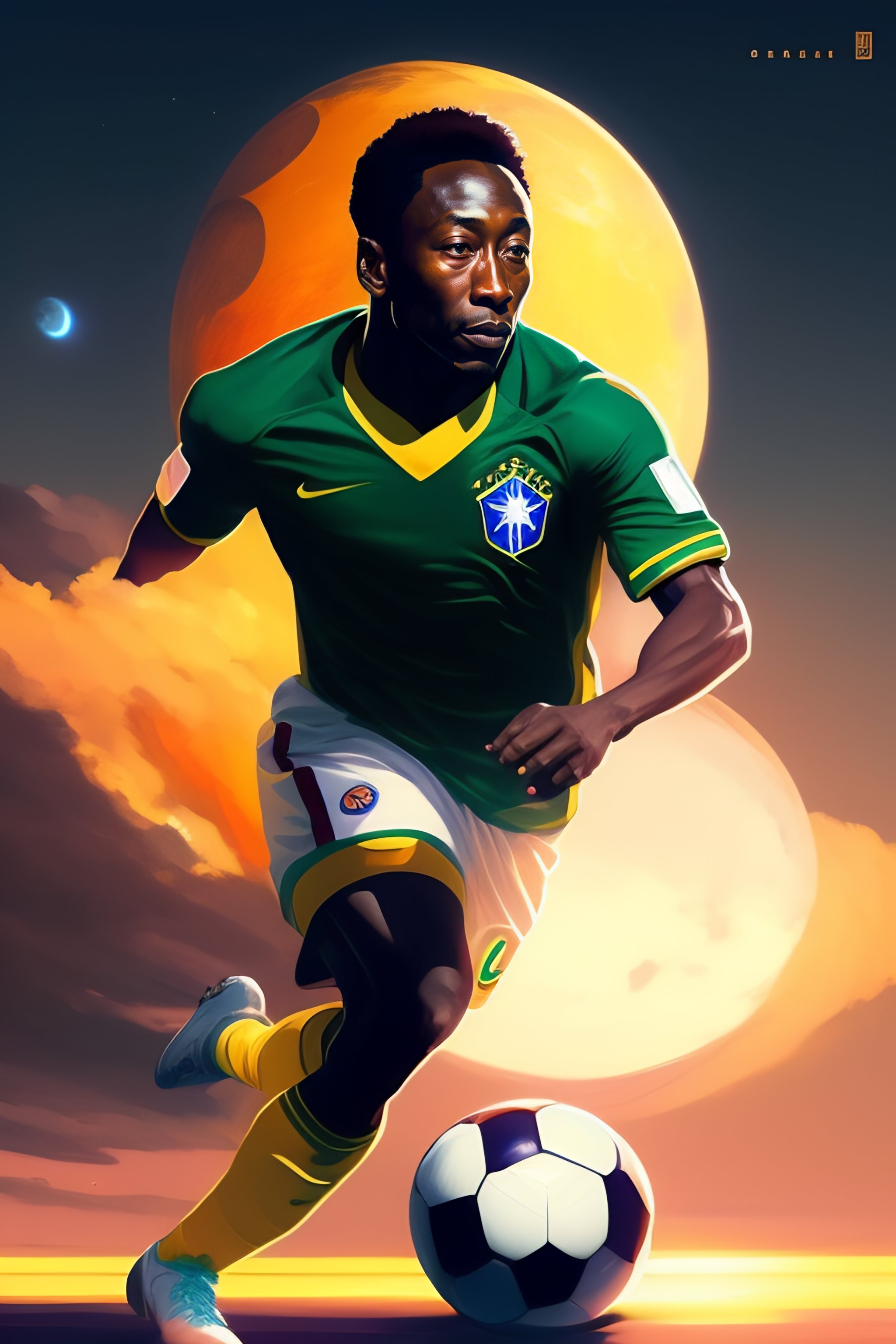 Lexica - Back of Footballer Pele wearing yellow brazil team jersey playing  on a football with one foot, backdrop of dawn, saturn in the background,  i