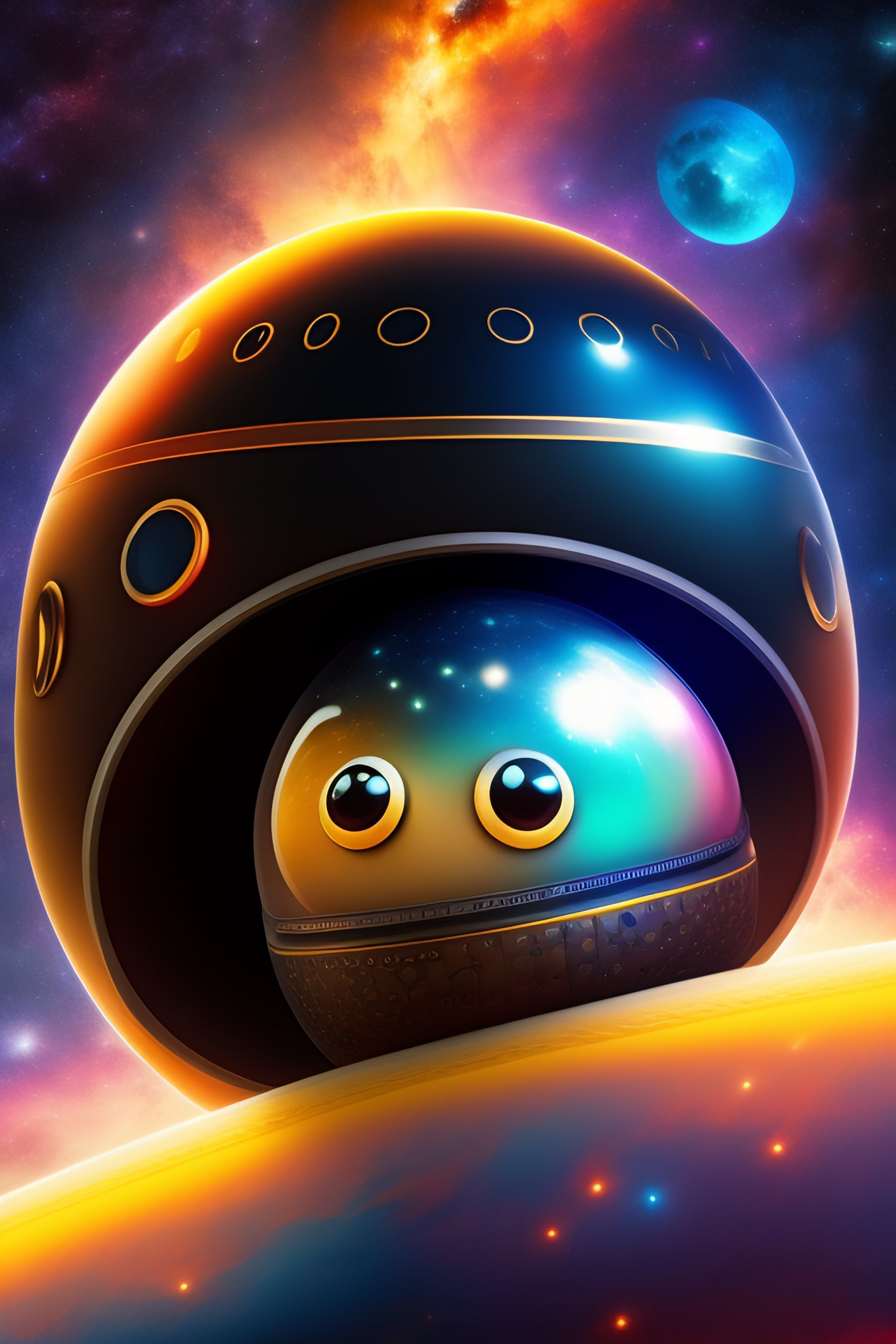 Lexica Buff robot, black clam head, goggly eyes, in space, movie poster