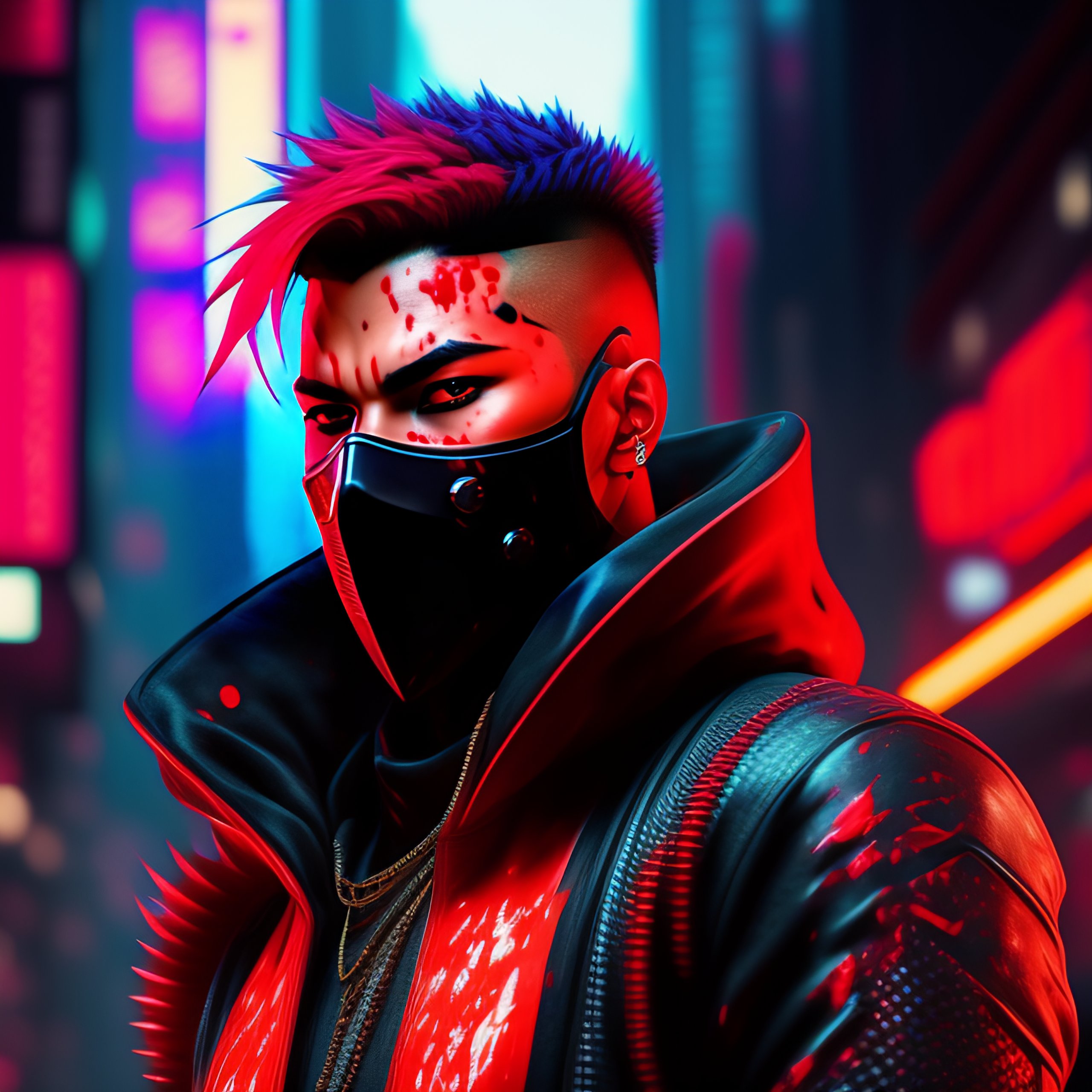 Lexica - Awesome looking blood splattered red male ninja in cyberpunk style  8-bit neon gothic looking at the camera. ultra realistic, highly detailed