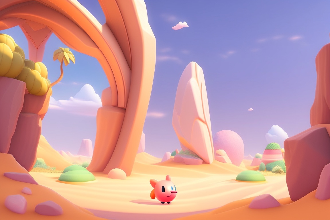 Lexica - 2D illustration, Kirby Star Allies, daylight, desert, sun, sand