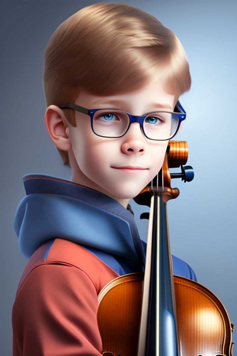 Lexica A tenyearold boy, with glasses, and light brown hair, blue eyes, violin in hand