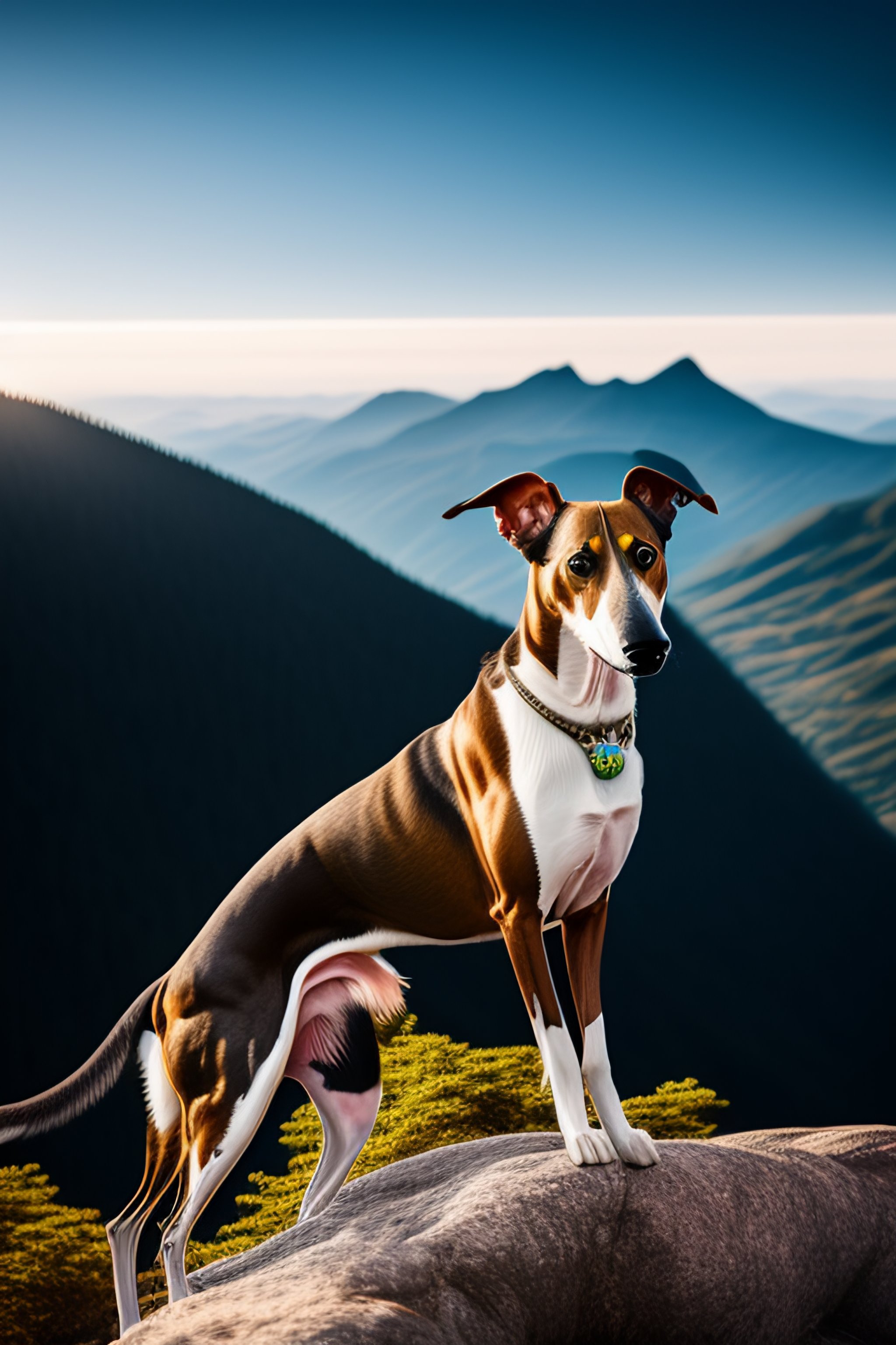 Lexica - Photo of a tigered greyhound on top of mountain