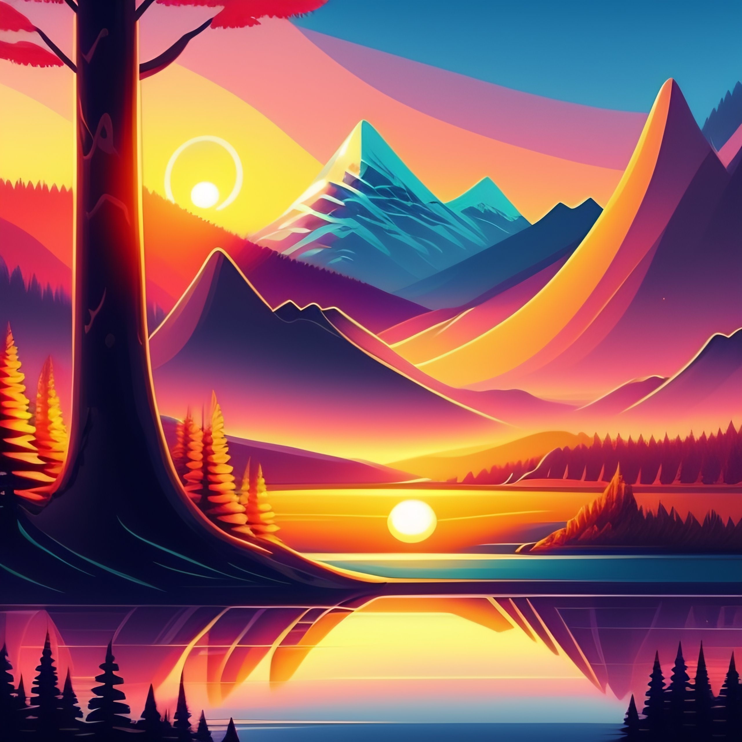 Lexica - Beautiful sunset landscape with mountains, trees and a ...