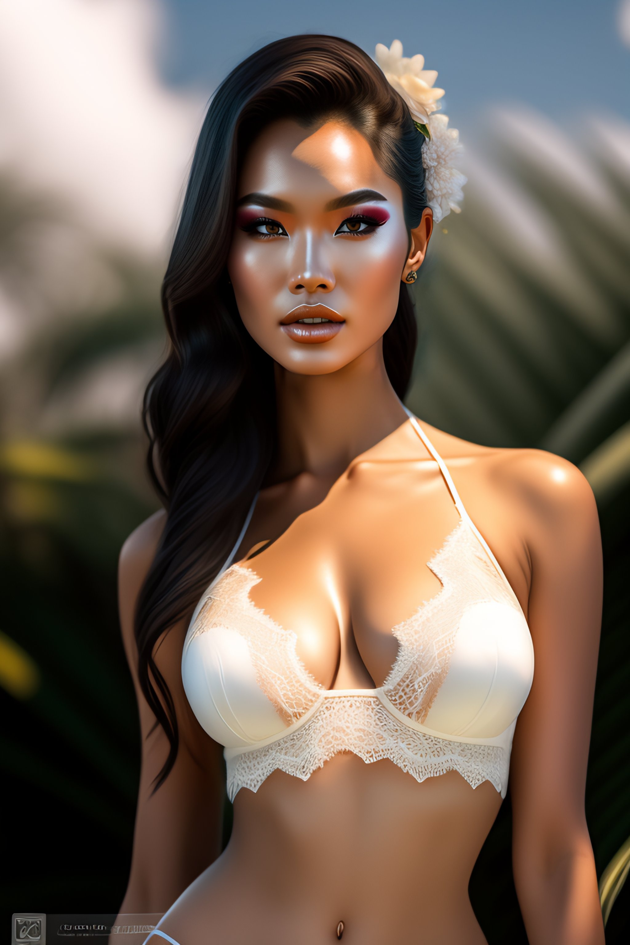 Lexica - Full body, white lace bikini, 34D cup, a gorgeous Balinese model  photo, professionally retouched, muted colors, soft lighting, realistic, sm