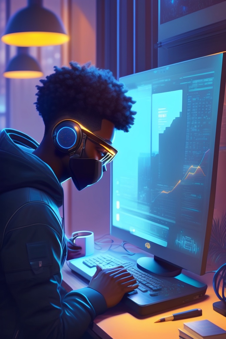 Lexica - A nerdy black boy in a cyberpunk mask is programming on a ...